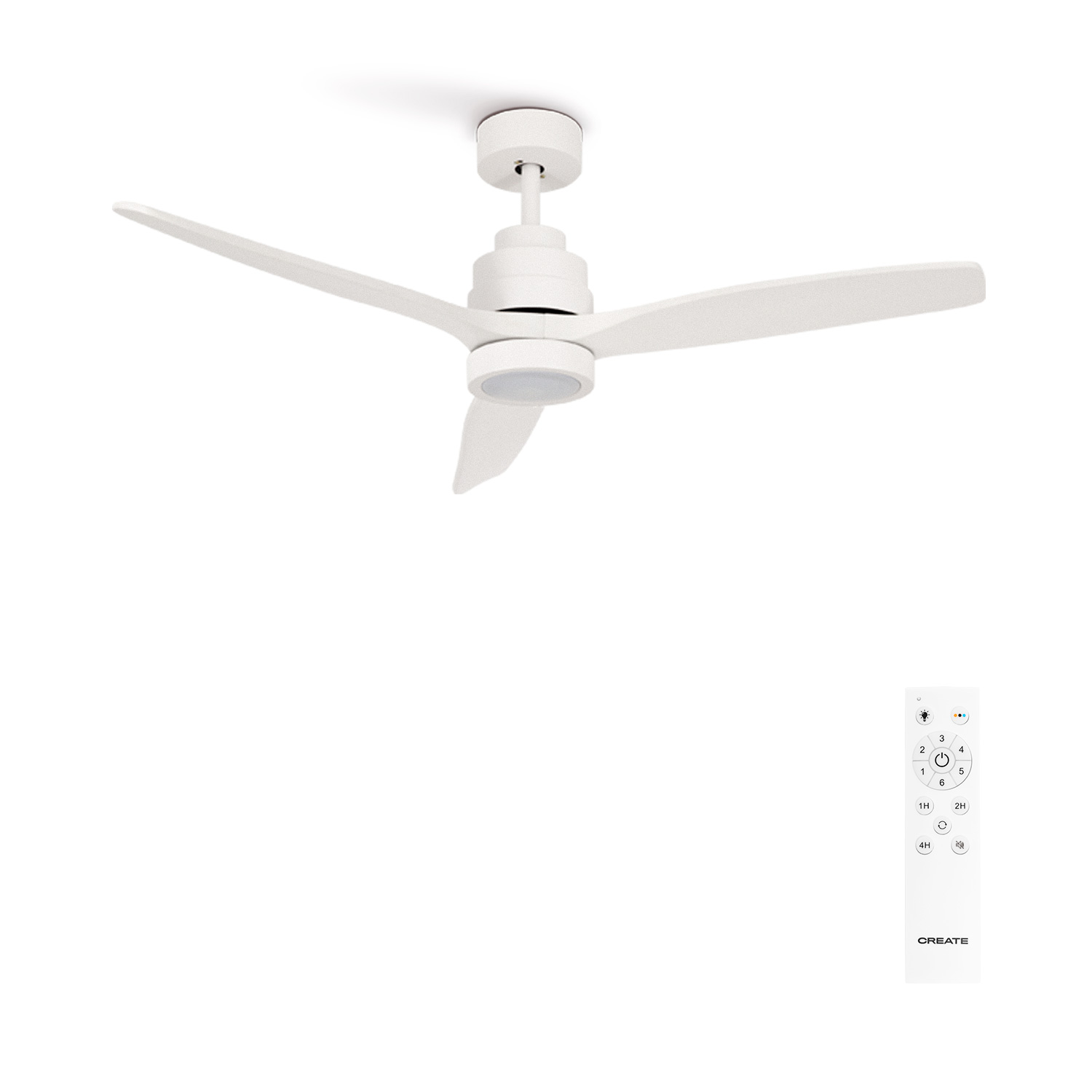 Un ventilador de techo blanco con mando a distancia sobre fondo blanco.