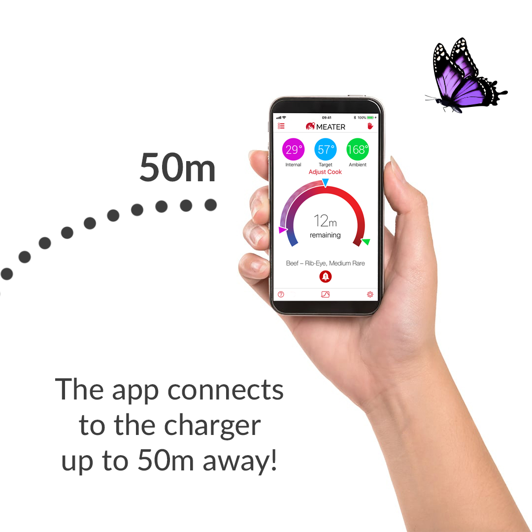 Ein iPhone zeigt eine Fleischthermometer-App mit 50m Reichweite an.