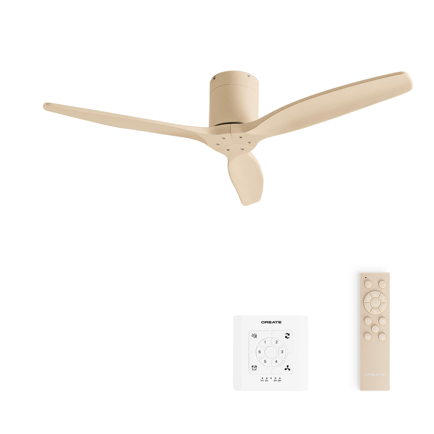 Un ventilador de techo beige con tres aspas, un mando a distancia y un control de pared.