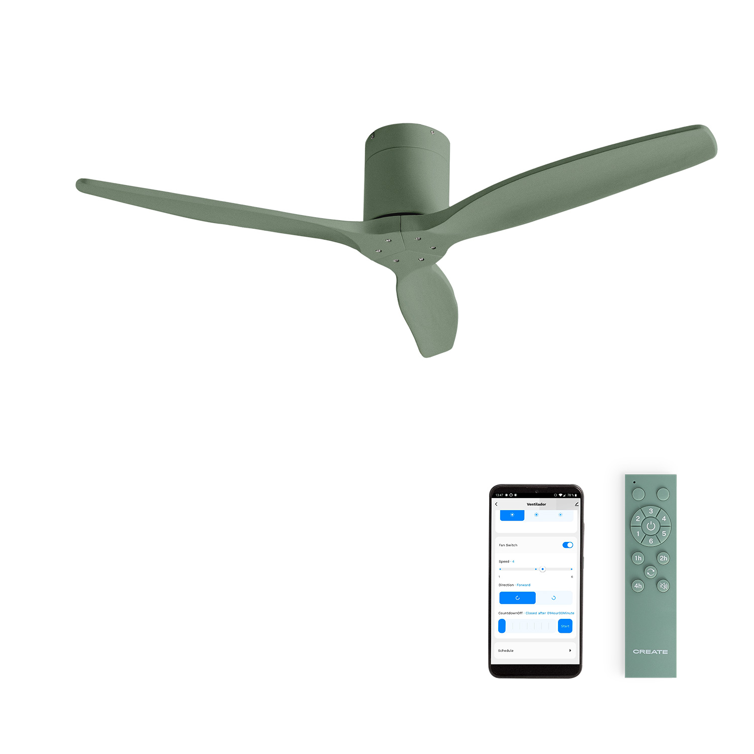Un ventilador de techo verde con mando a distancia y app.