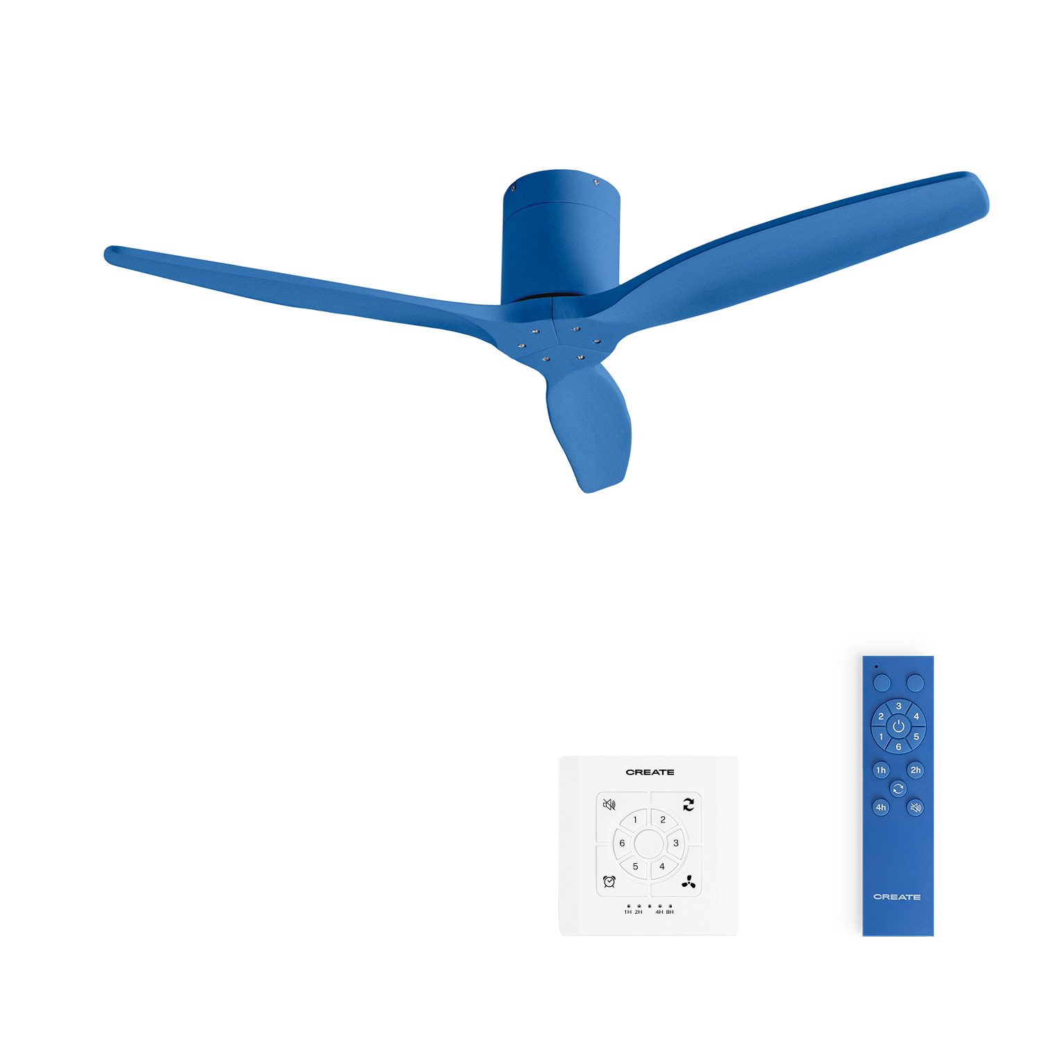 Un ventilador de techo azul con tres aspas y controles remotos.