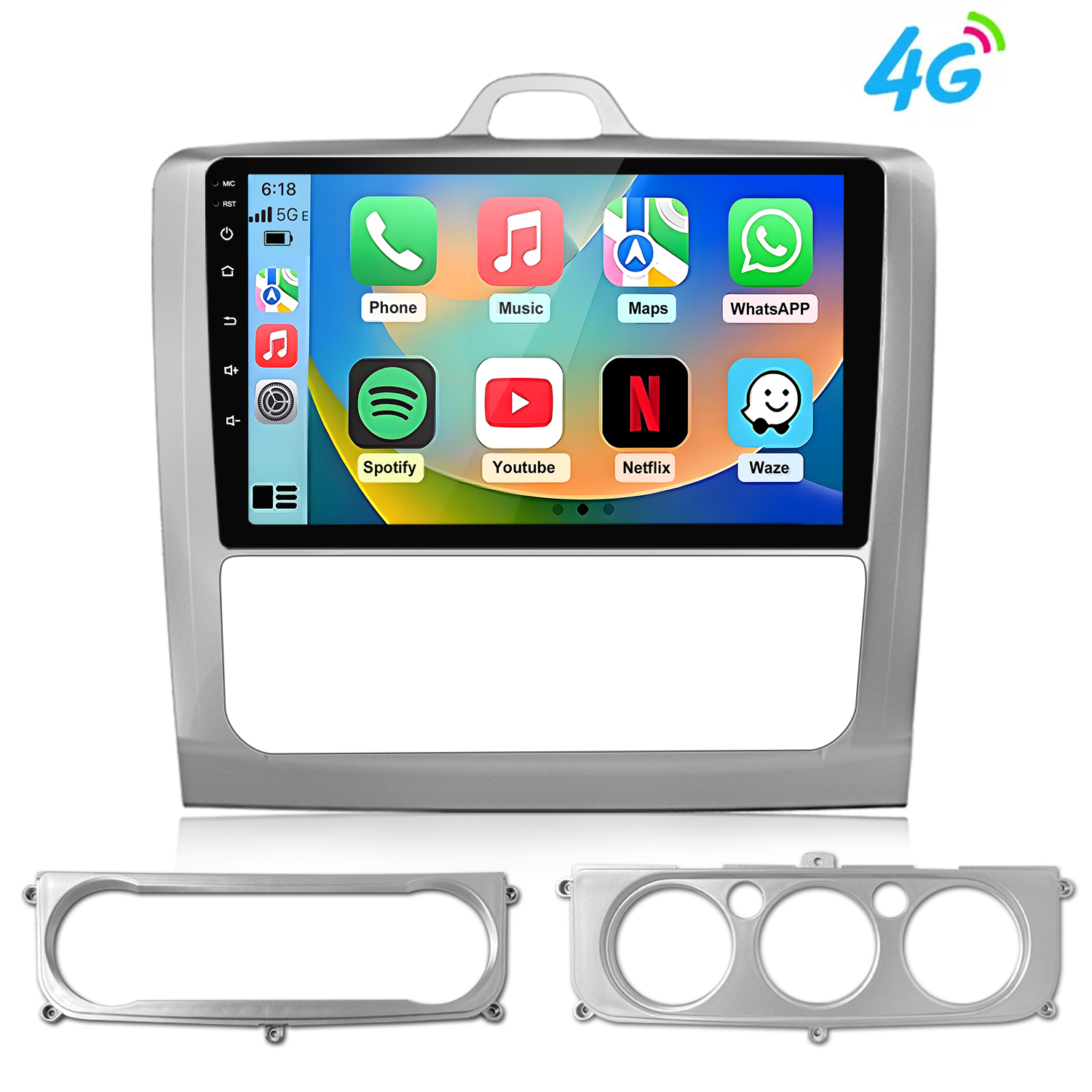 Uno schermo stereo per auto argentato mostra icone di app come Telefono, Musica, Mappe e WhatsApp.