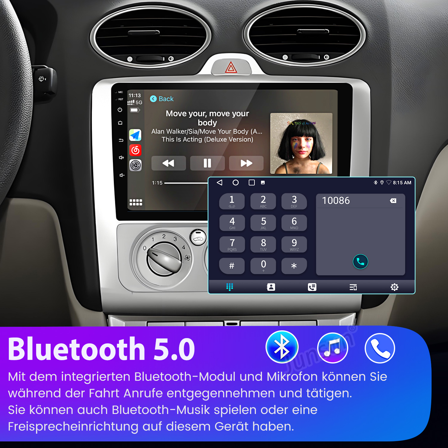Autoradio mit Musikwiedergabe, Telefon-Tastatur und Bluetooth-Symbolen.