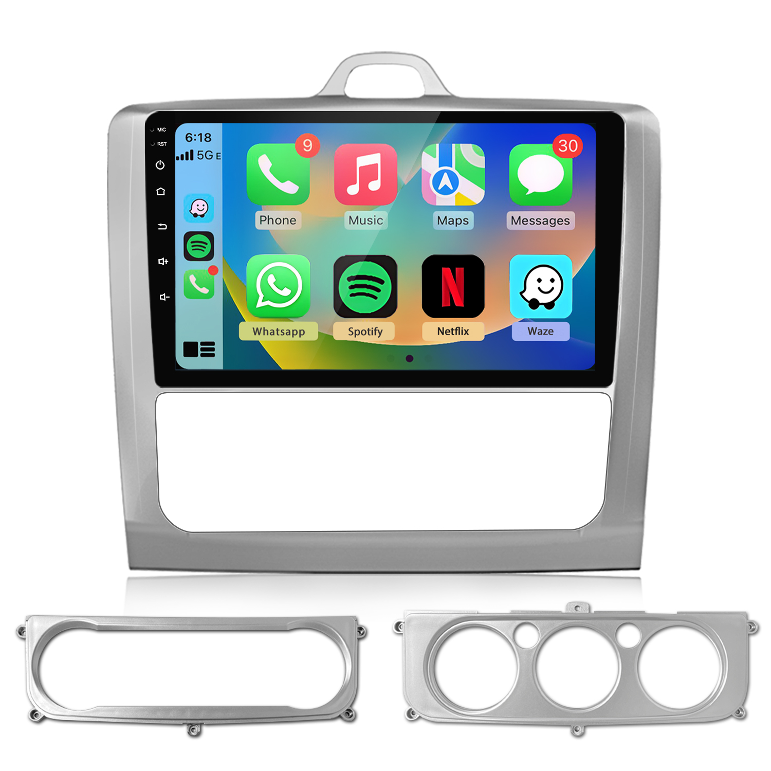 Ein Autoradio mit Touchscreen, das das iPhone-Interface zeigt. Unten sind zwei silberne Zierleisten.