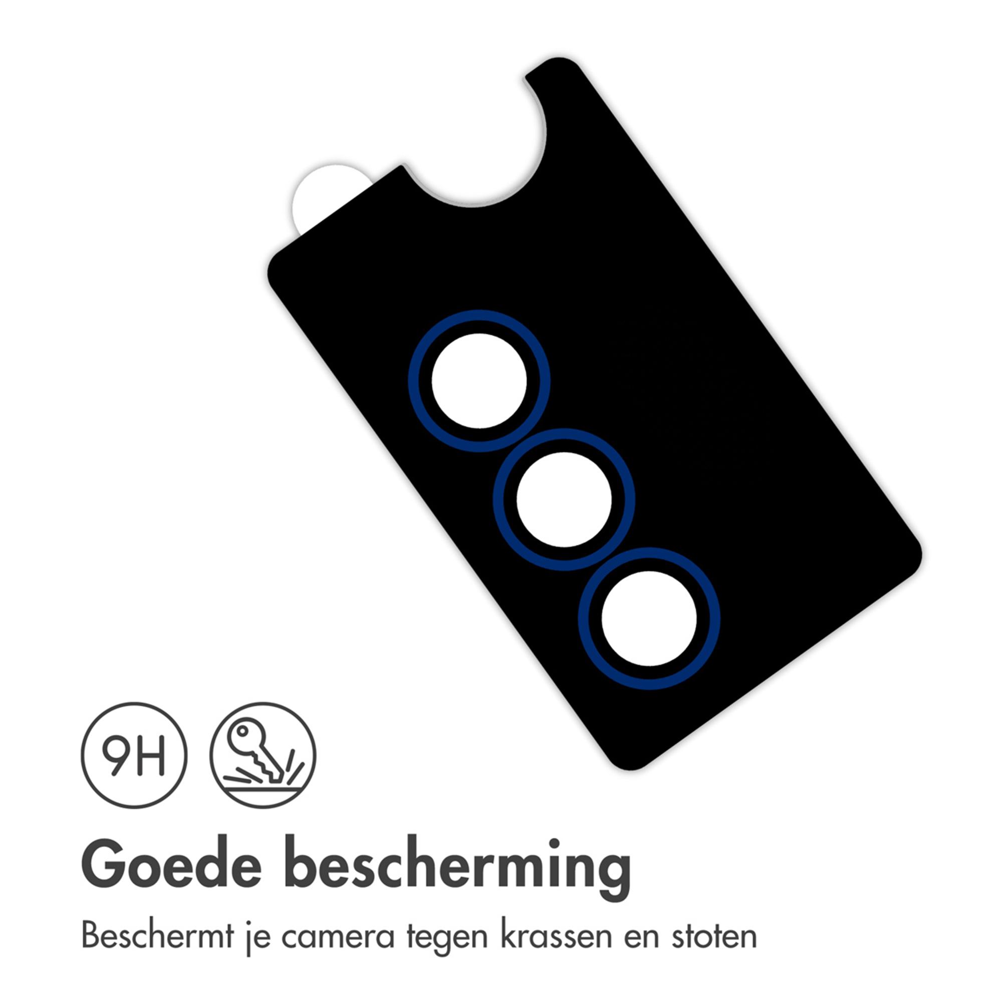 Zwarte camProtector met drie witte cirkels en blauwe ringen.