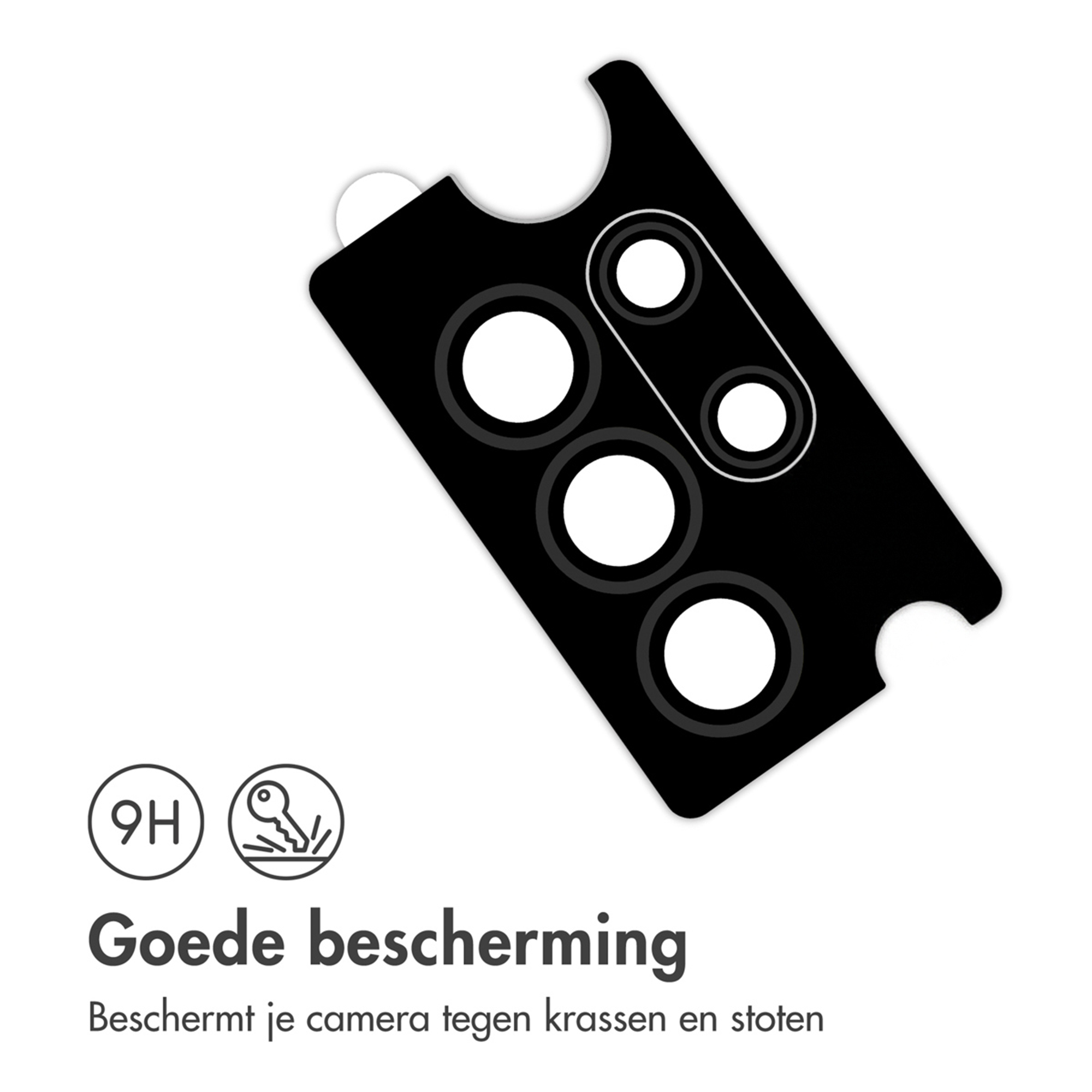 Zwarte camera protector met 3 cirkels. 9H hardheid en sleutel icoon.