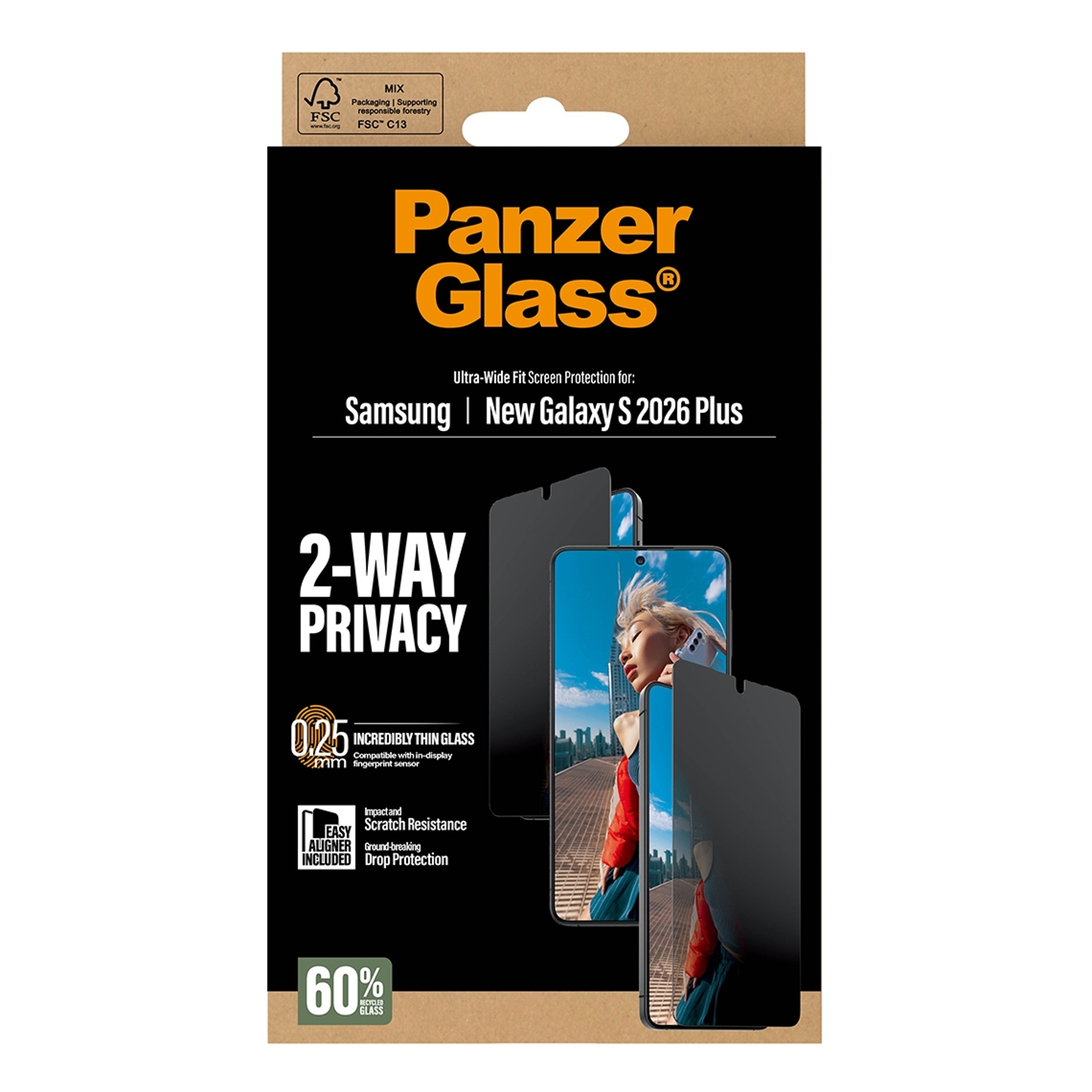 Confezione pellicola protettiva Panzer Glass per Samsung Galaxy S 2026 Plus.