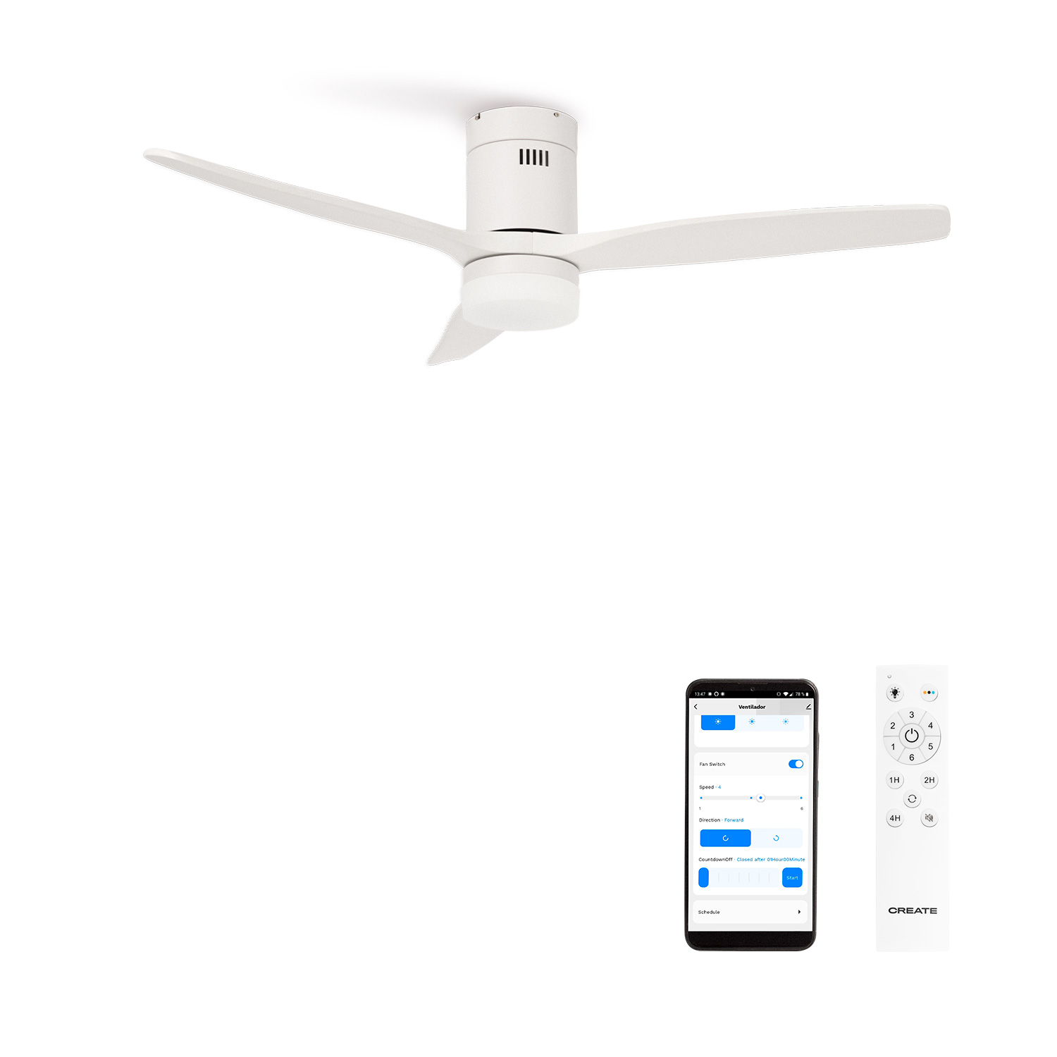 Un ventilador de techo blanco de tres aspas con mando a distancia y smartphone.
