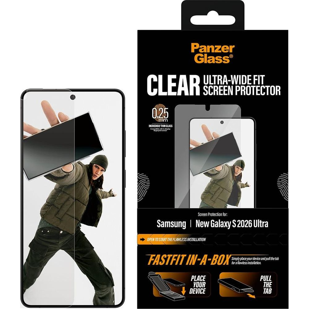Panzer Glass screenprotector doos voor Samsung S2026 Ultra, toont installatie.