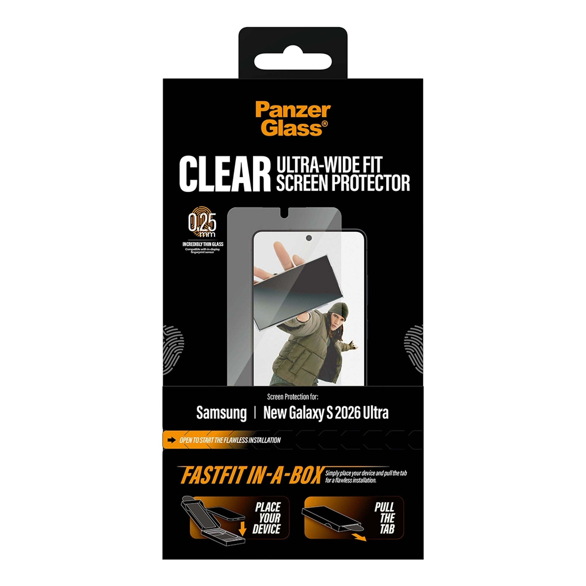 Panzer Glass schermprotector doos voor Samsung Galaxy S2026 Ultra, toont installatie.