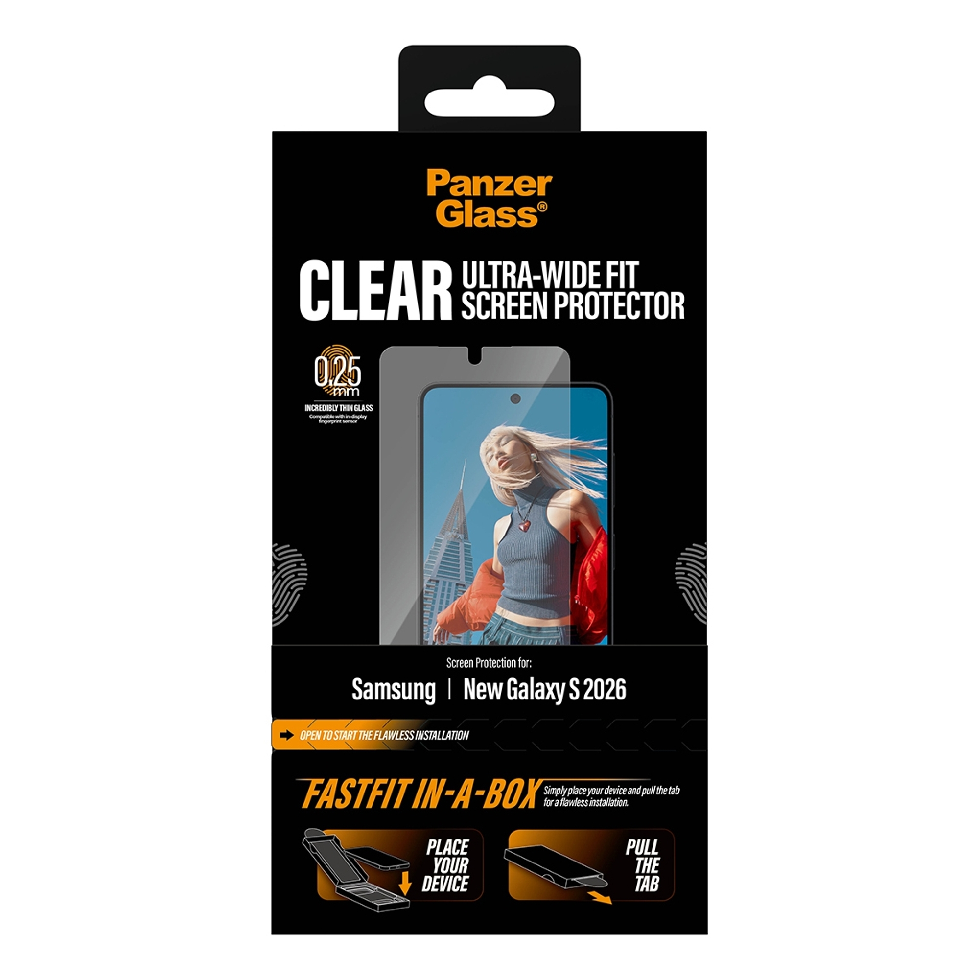 Confezione pellicola protettiva Panzer Glass Clear Ultra-Wide Fit per Samsung Galaxy S 2026.