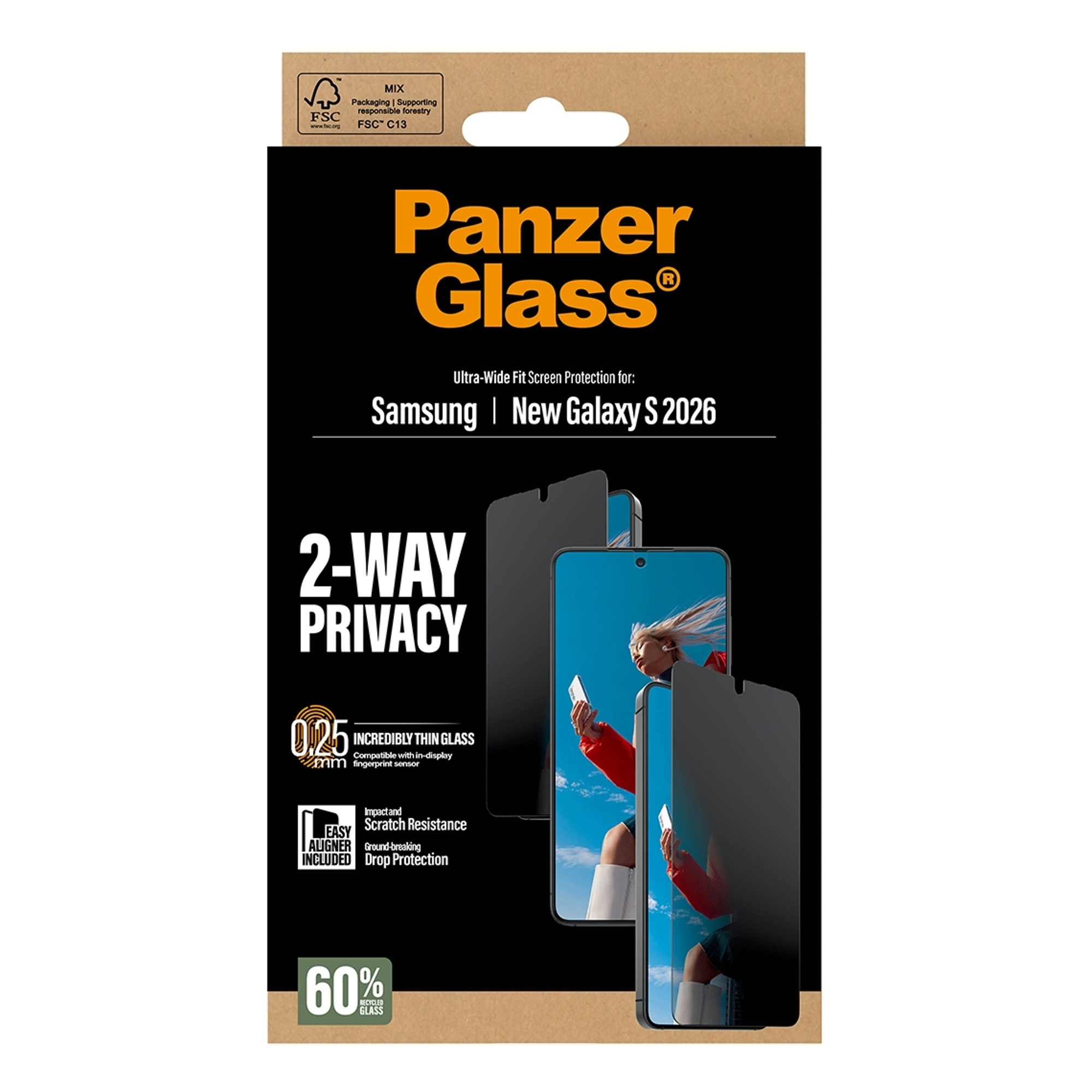 Emballage de protection d'écran Panzer Glass 2-Way Privacy pour Samsung New Galaxy S 2026.