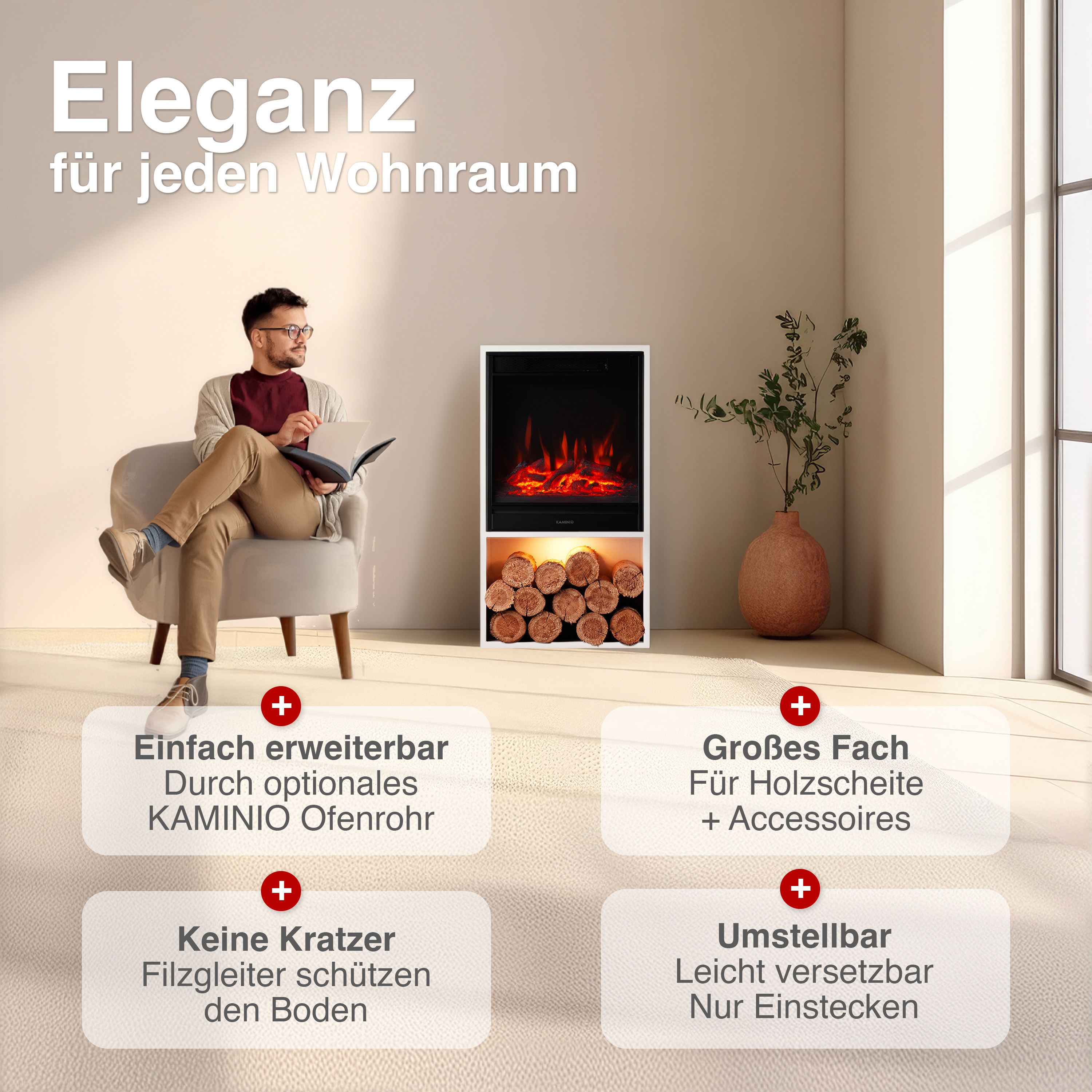Mann sitzt im Sessel, liest Buch. Elektrischer Kamin mit Holz. Wohnzimmer-Deko.