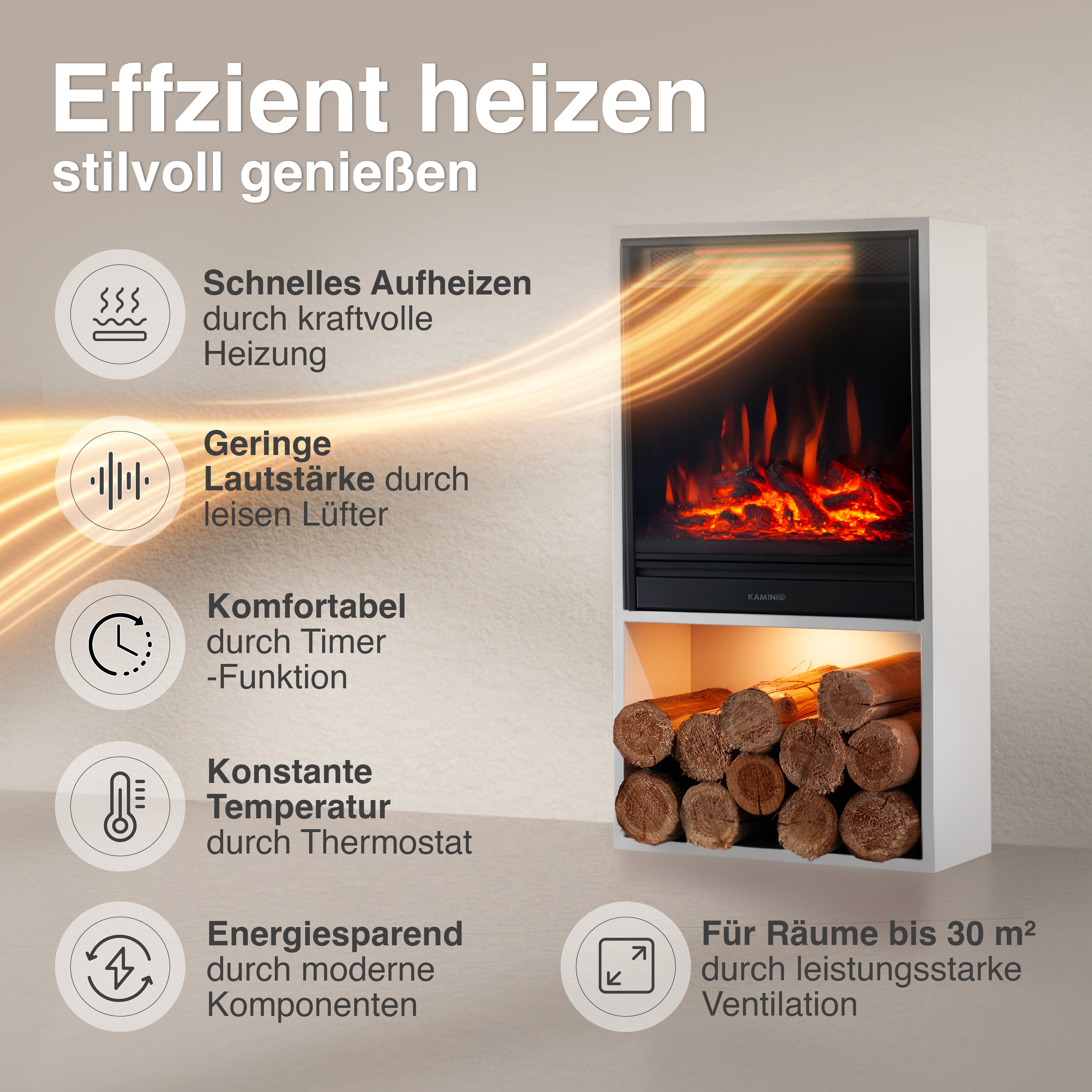 Ein moderner Elektrokamin mit Flammen-Effekt und Holzscheiten im unteren Fach.