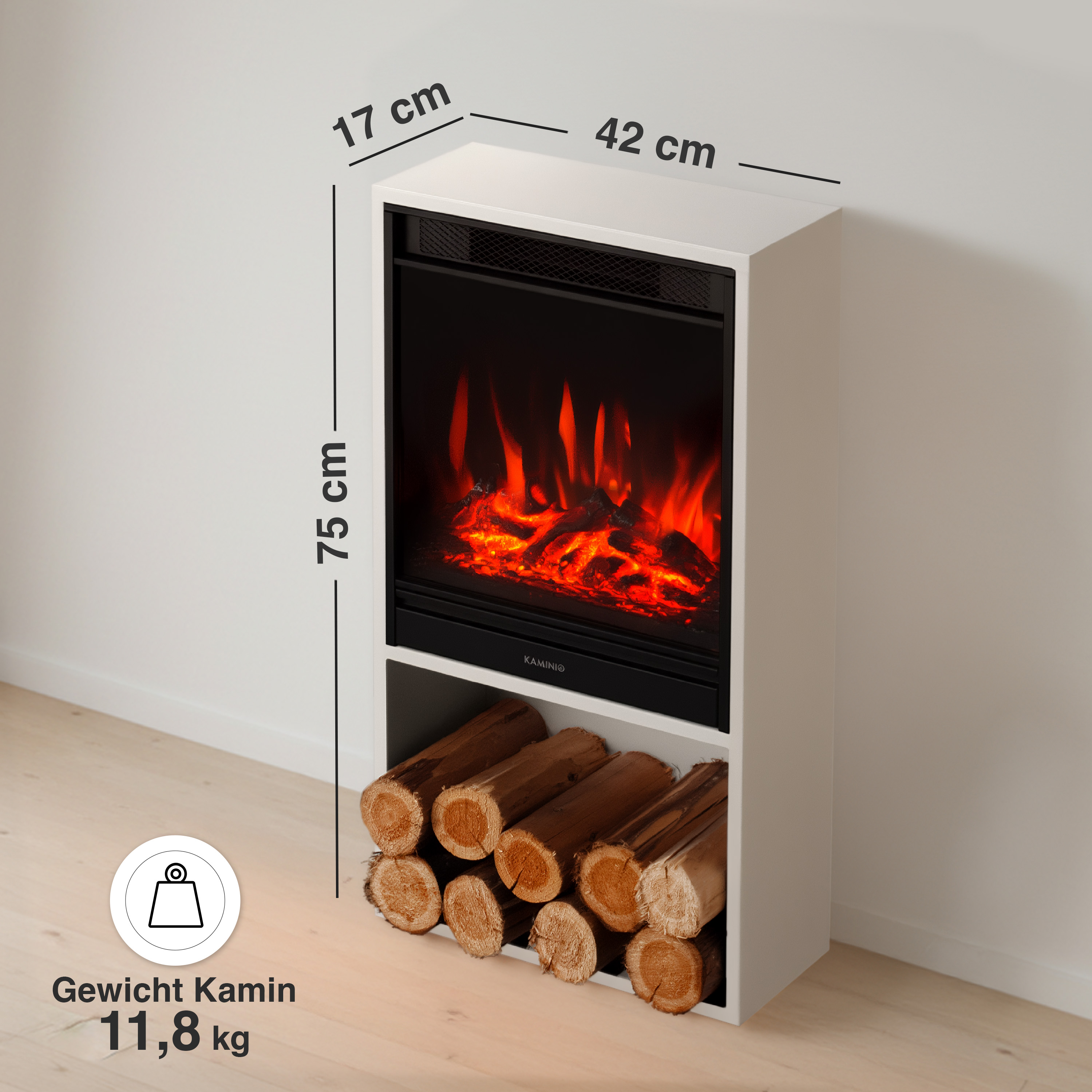 Ein weißer Elektrokamin mit Flammen und Holzscheiten, Maße 75x42x17cm.