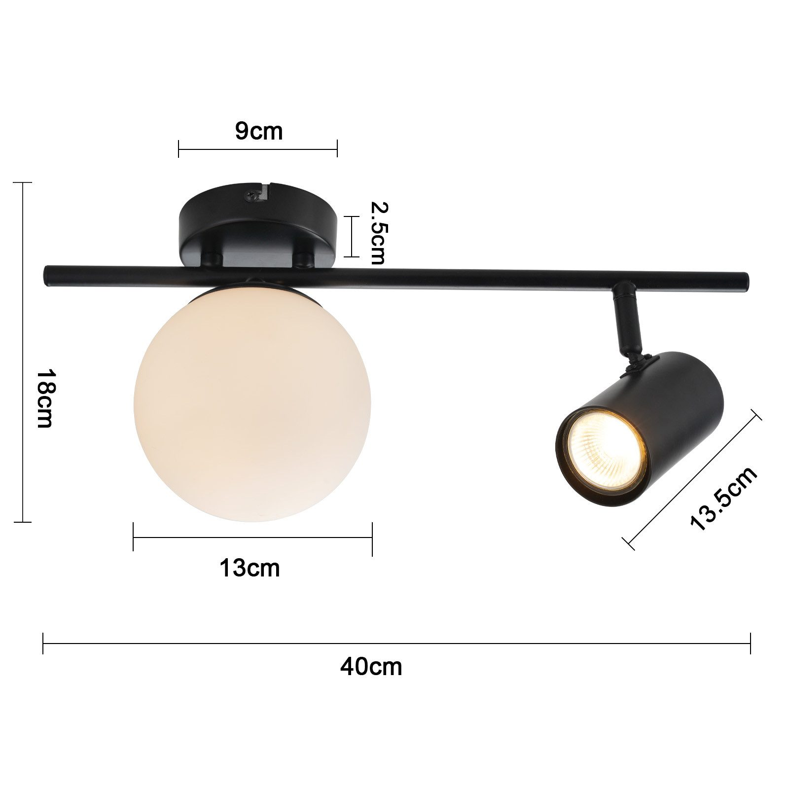 Braccio lampada nero con sfera di vetro e faretti, dimensioni indicate.