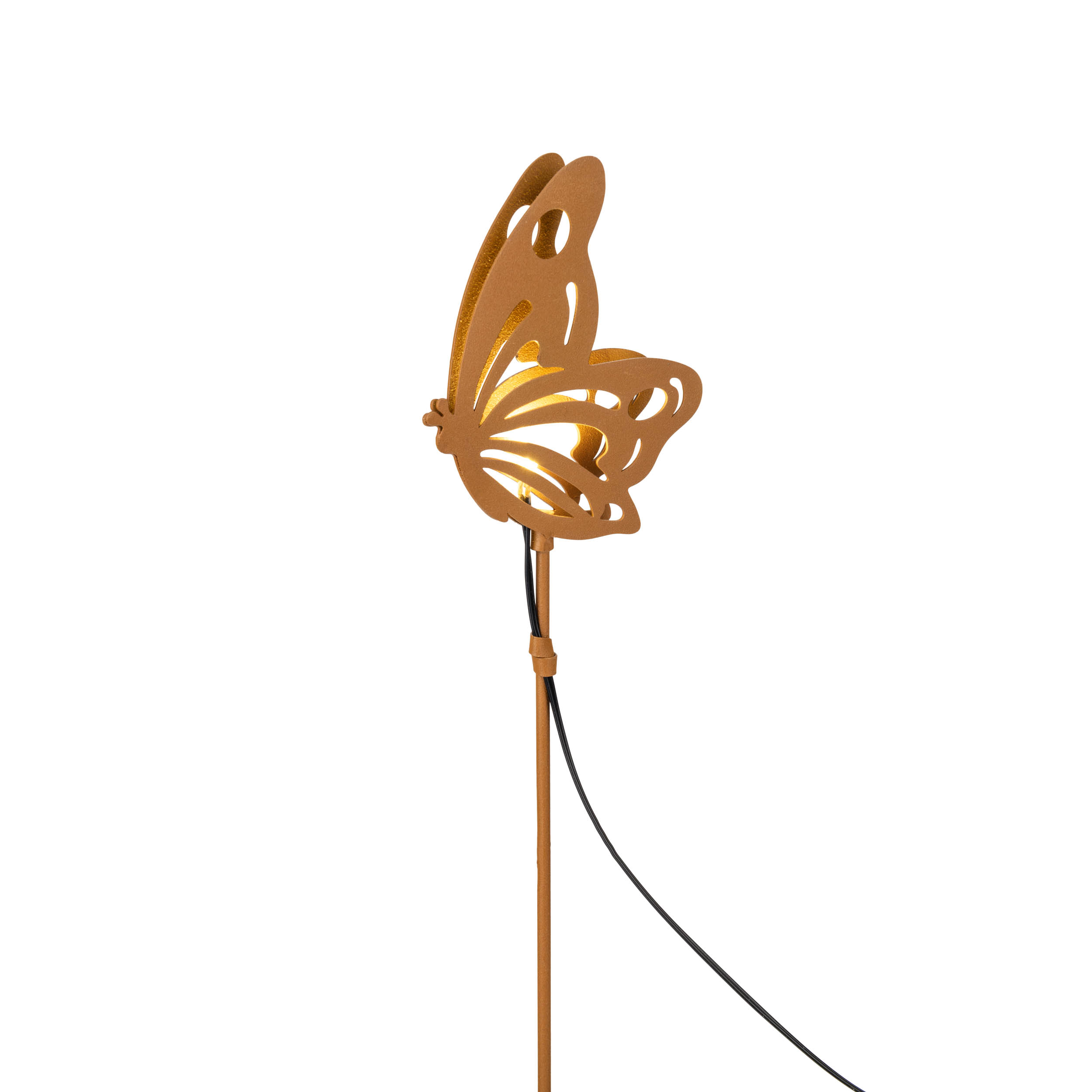 Eine bronzefarbene Schmetterlingslampe auf einem dünnen Stab mit schwarzem Kabel.