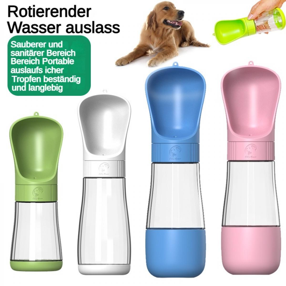 Vier tragbare Hundetrinkflaschen in Grün, Weiß, Blau und Rosa.