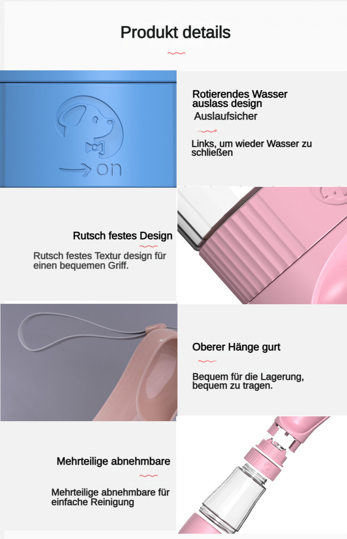 Produkt-Details: Blaue Klappe mit Hundemotiv, rosa Trinkflasche und Zubehör.