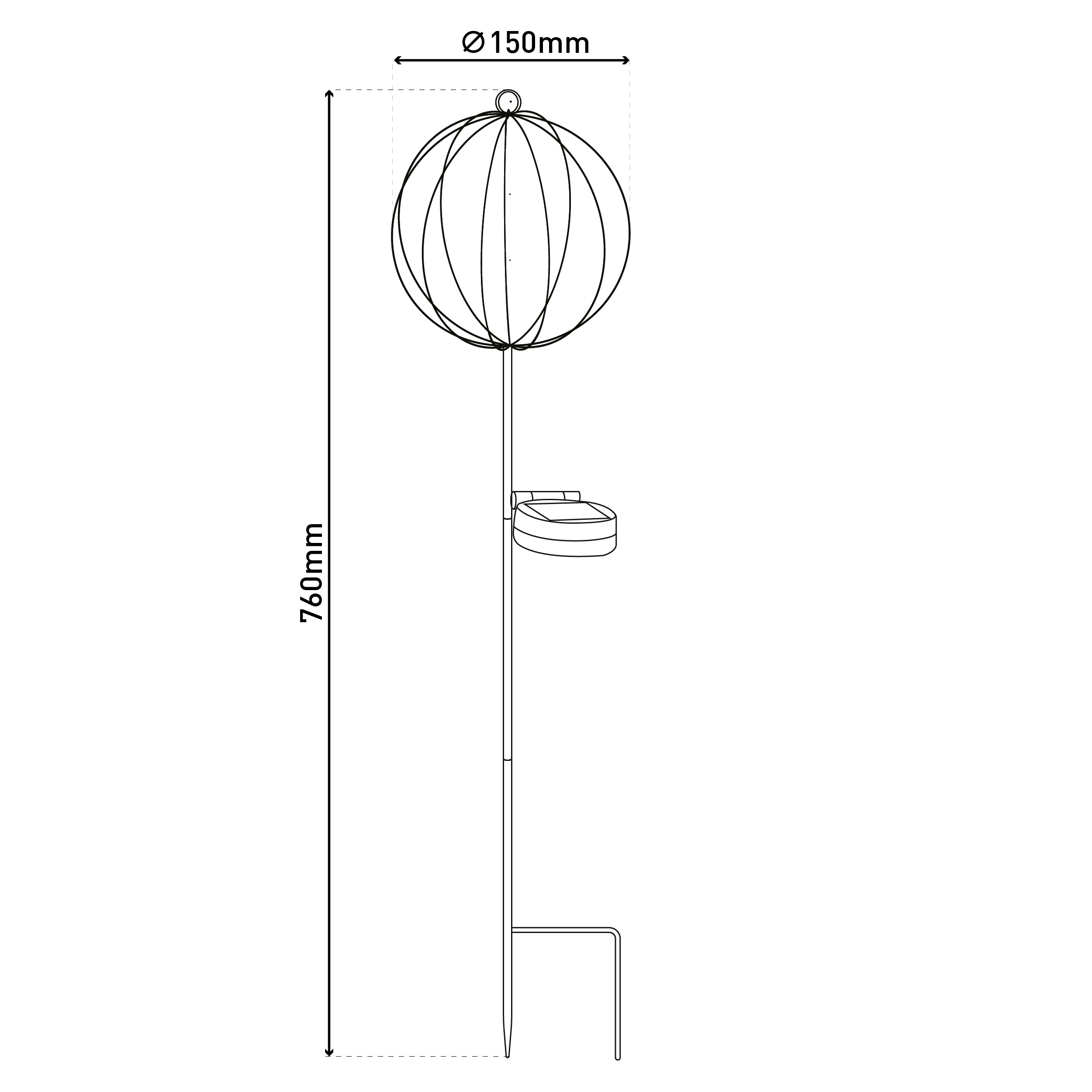 Eine schematische Darstellung einer Solarleuchte mit Kugelform, 760mm hoch, 150mm Durchmesser.