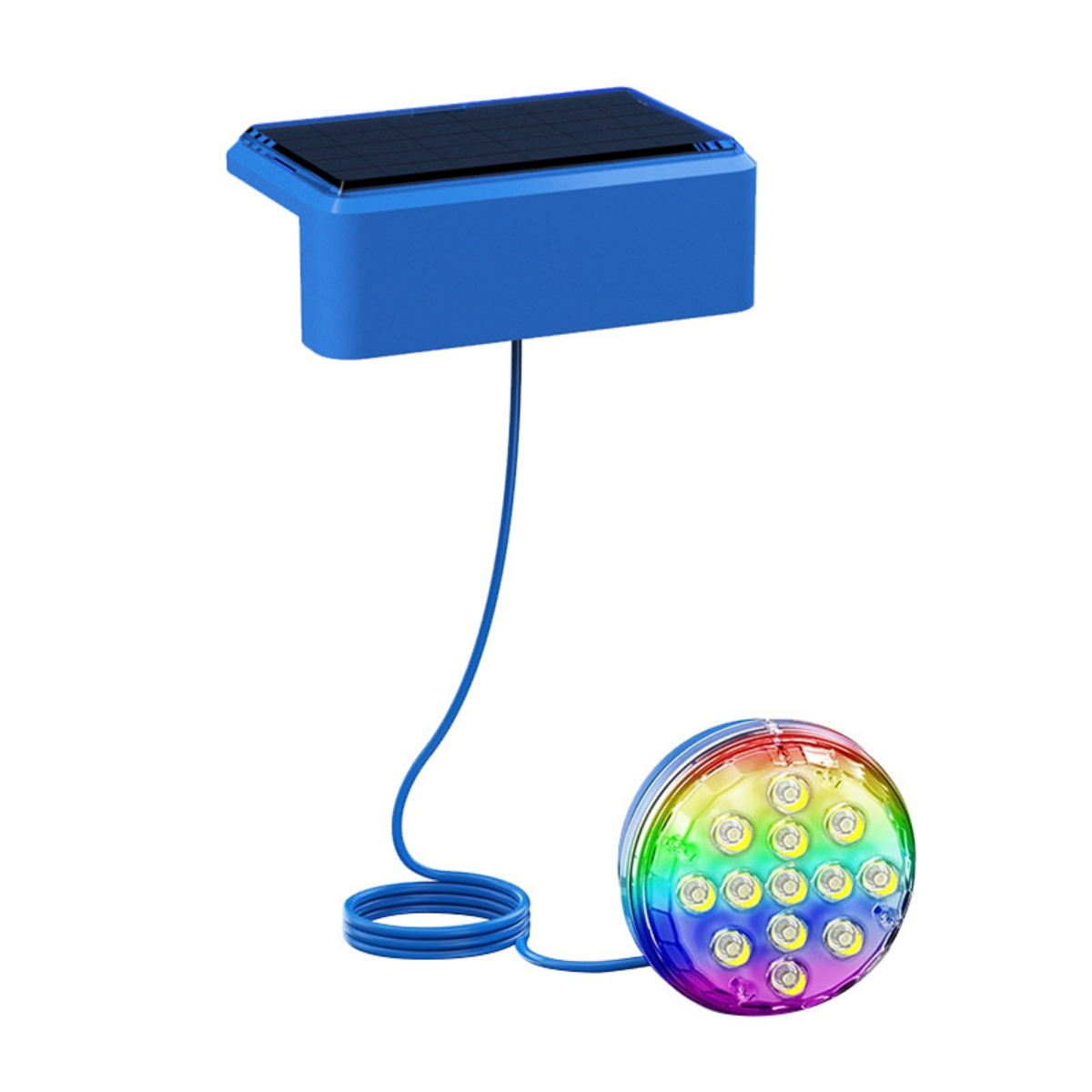 Blaue Solarbox mit Kabel und runder RGB-LED-Leuchte.