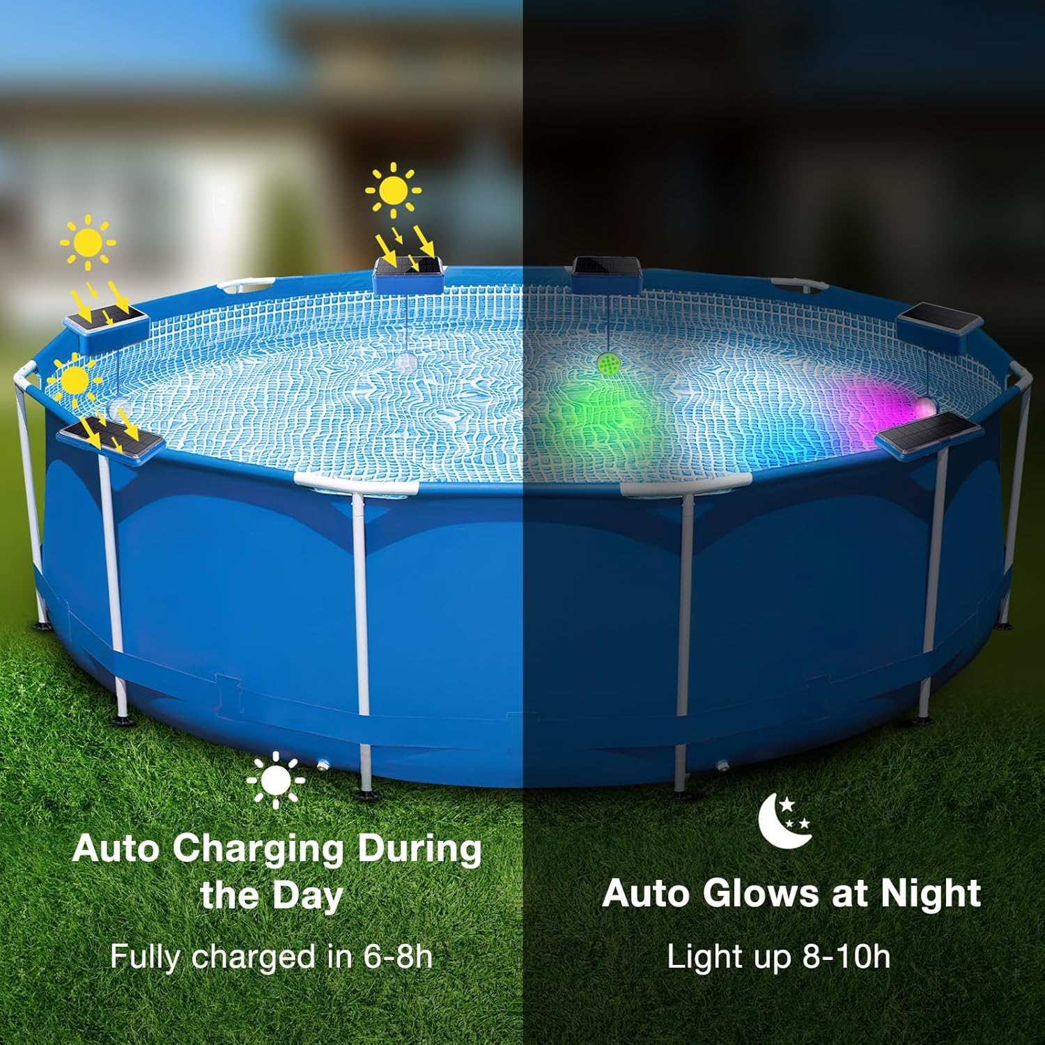 Ein blaues Pool wird tagsüber von Solarzellen aufgeladen und leuchtet nachts bunt.