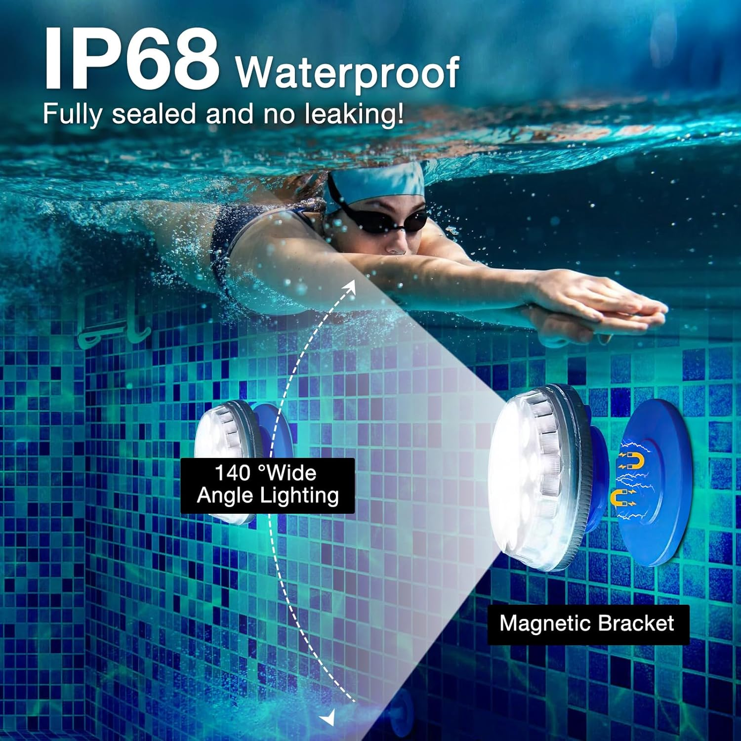 Ein Schwimmer in einem Pool, beleuchtet von einer wasserdichten Lampe mit Magnetbefestigung.