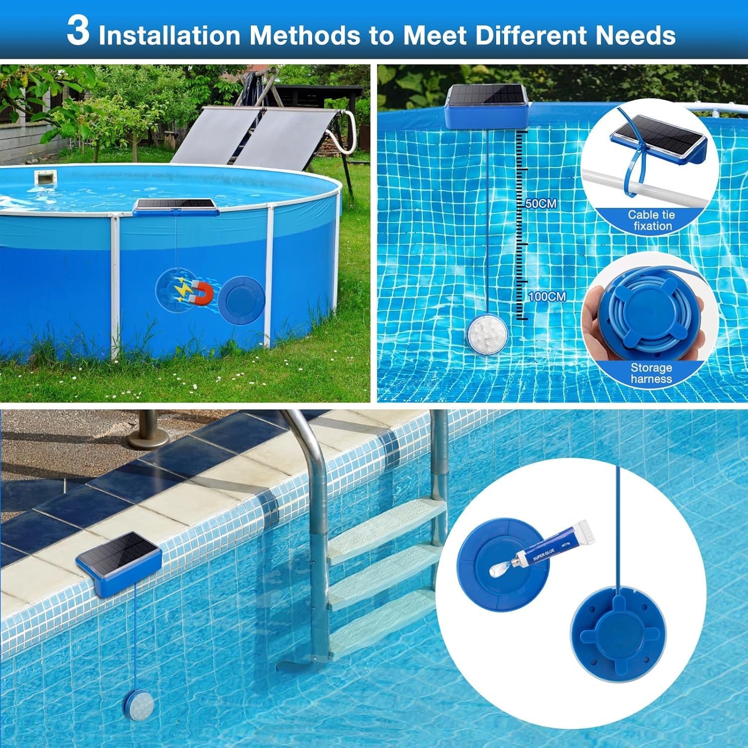 Solarer Poolreiniger-Installationsmethoden auf blau gefliestem Pool gezeigt.