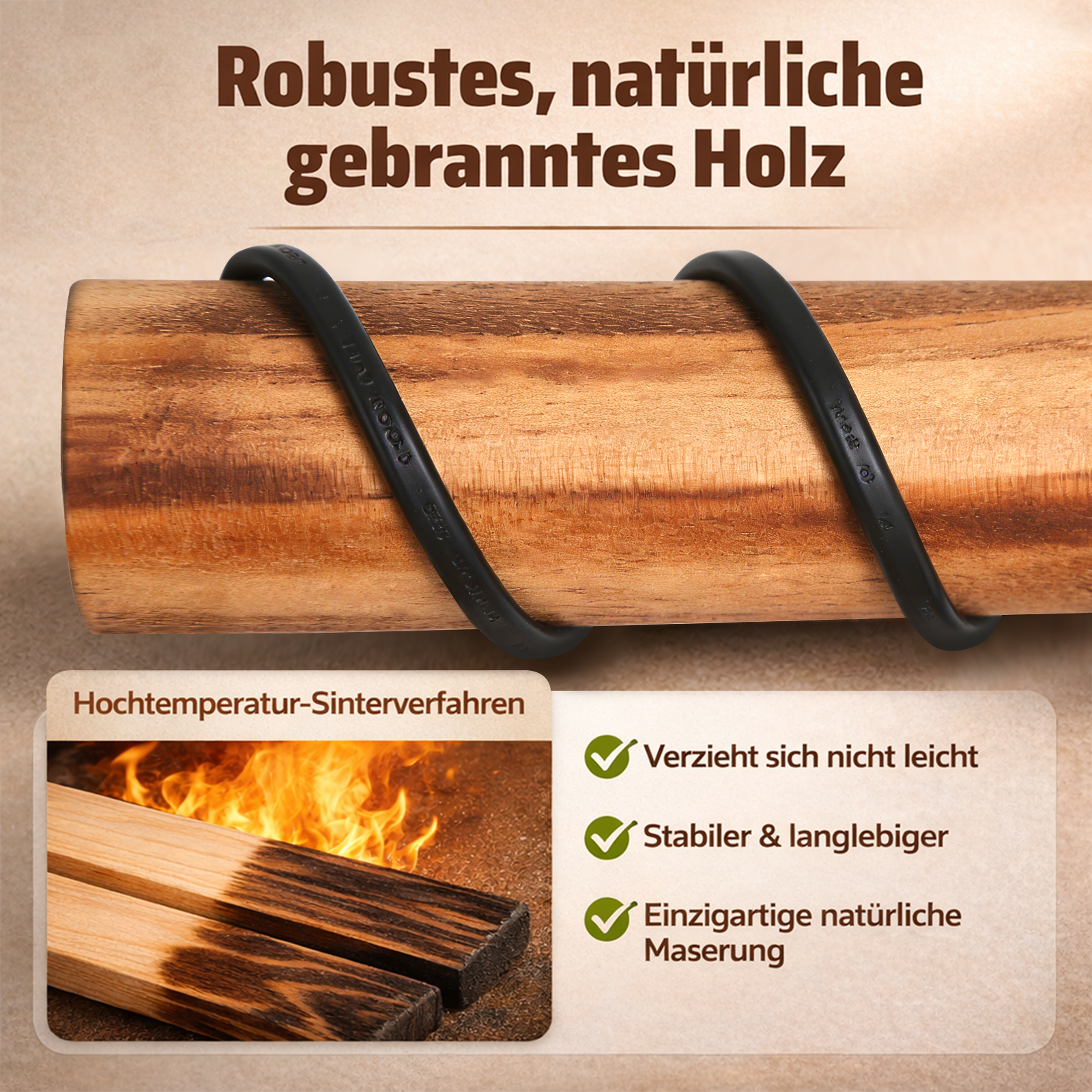 Ceppo di legno con fascia nera; legno in fiamme; caratteristiche: stabile, durevole.