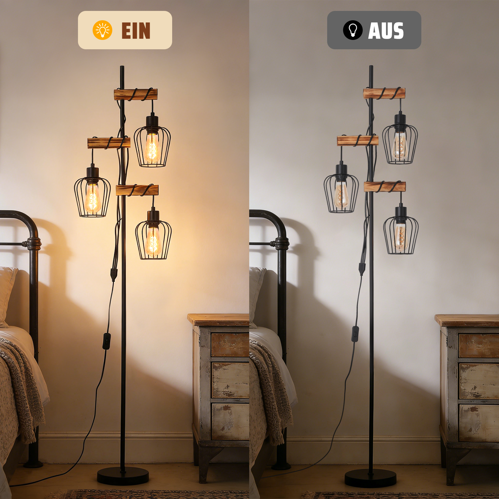 Lampada da terra con quattro luci a gabbia e accenti in legno, accesa sx, spenta dx.