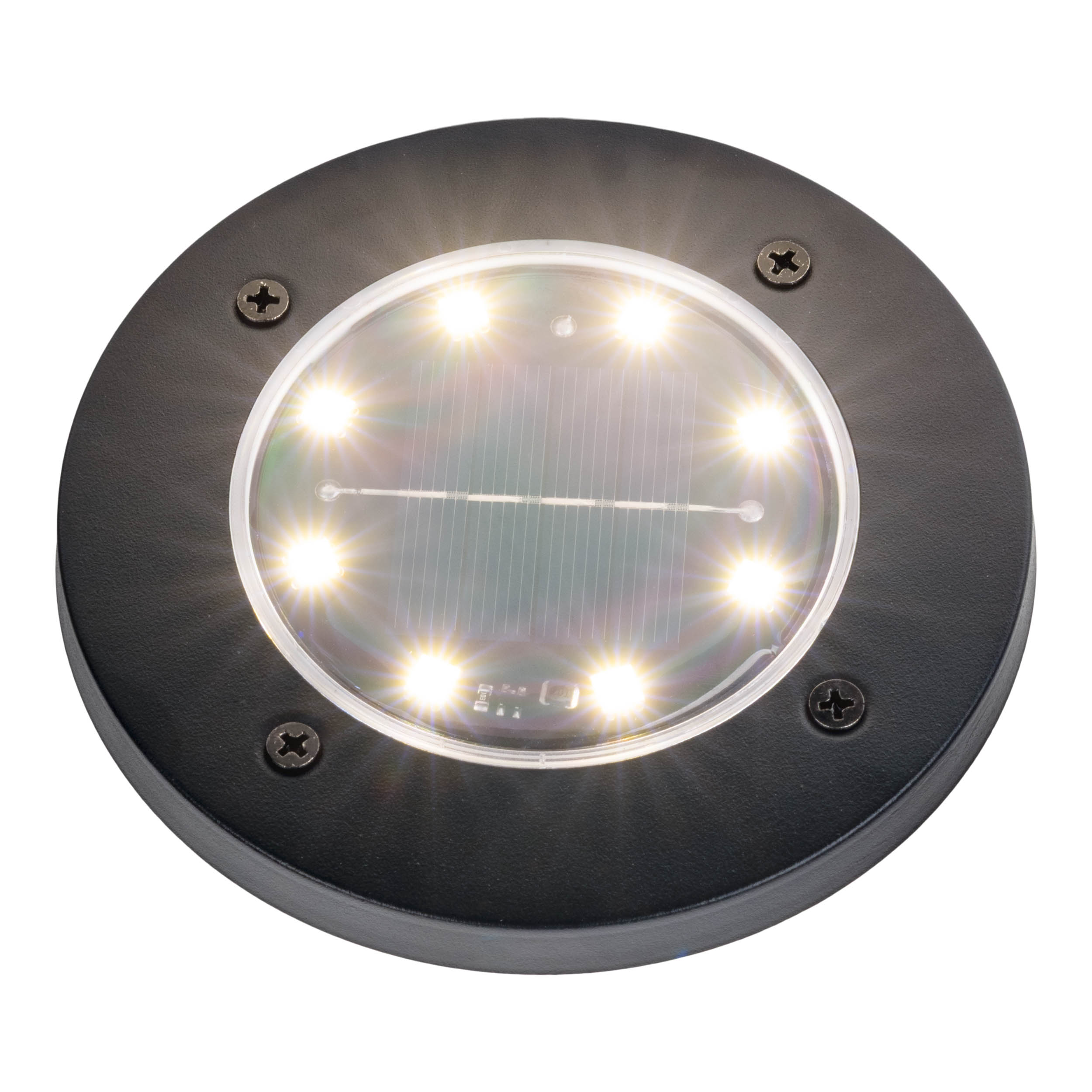 Ein runder, schwarzer Solar-Gartenlicht mit sechs hellen LEDs.