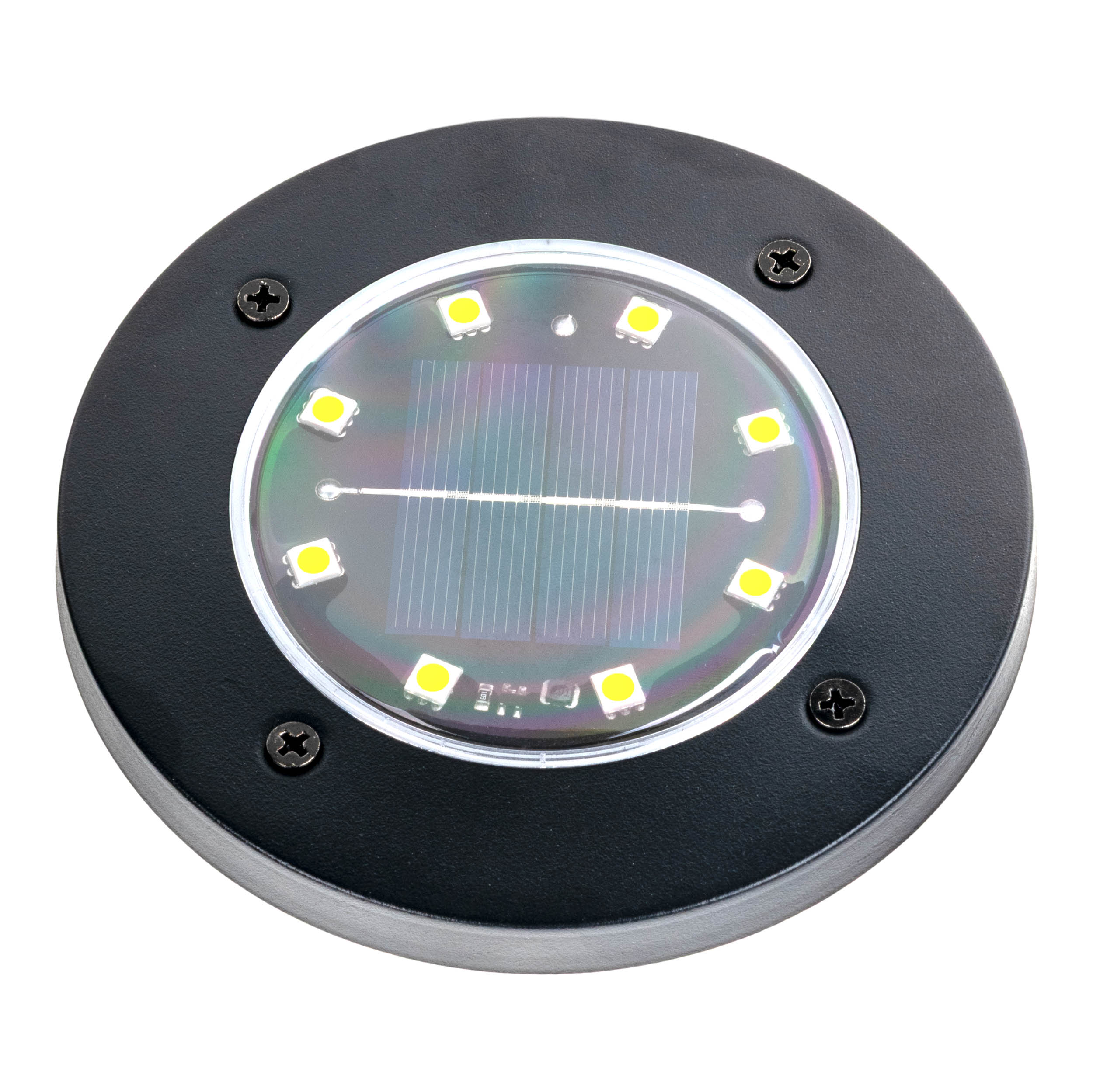 Runde Solarleuchte mit schwarzem Gehäuse, Solarpanel und weißen LEDs.