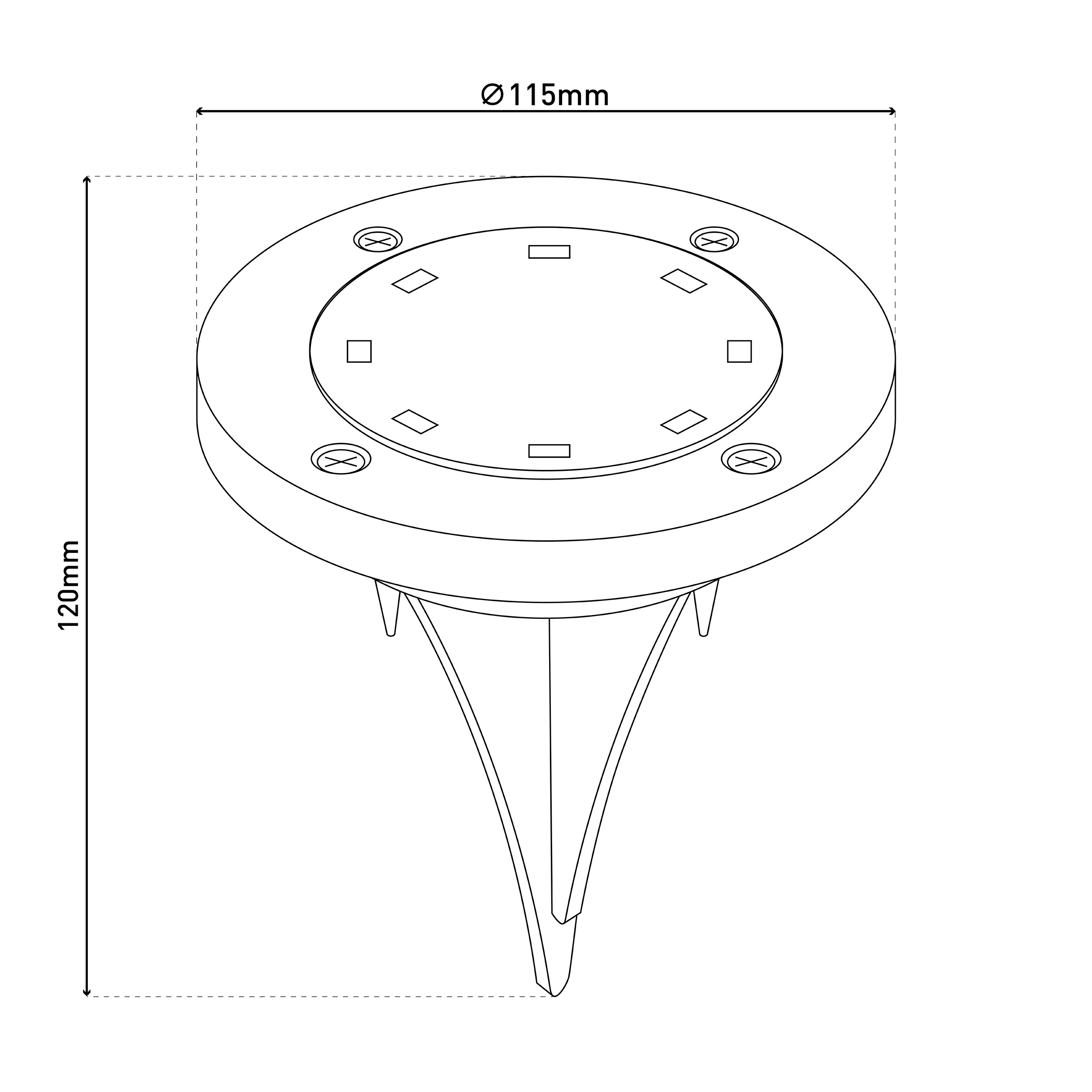 Technische Zeichnung einer Erdspießleuchte, Ø115mm, Höhe 120mm.