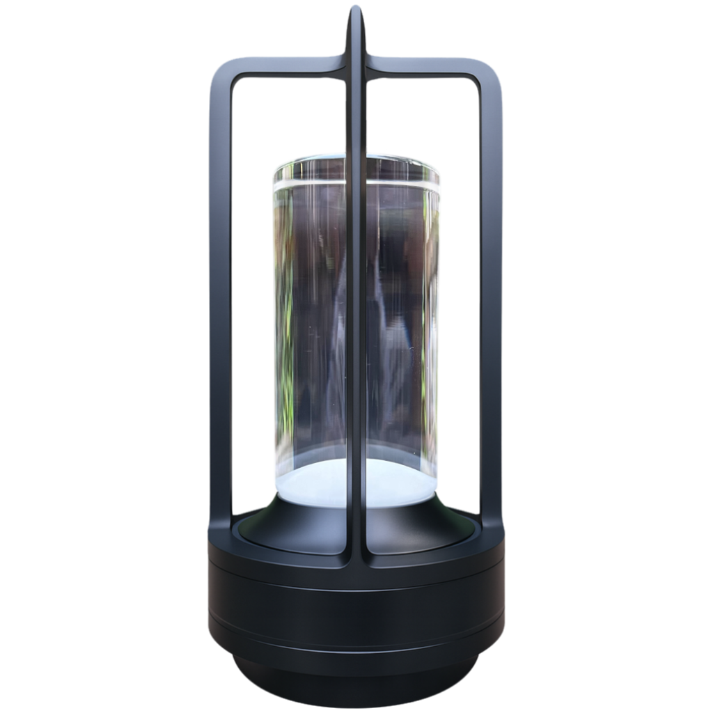 Eine moderne schwarze Laterne mit einem zylindrischen Glasgehäuse und einem schwarzen Sockel.