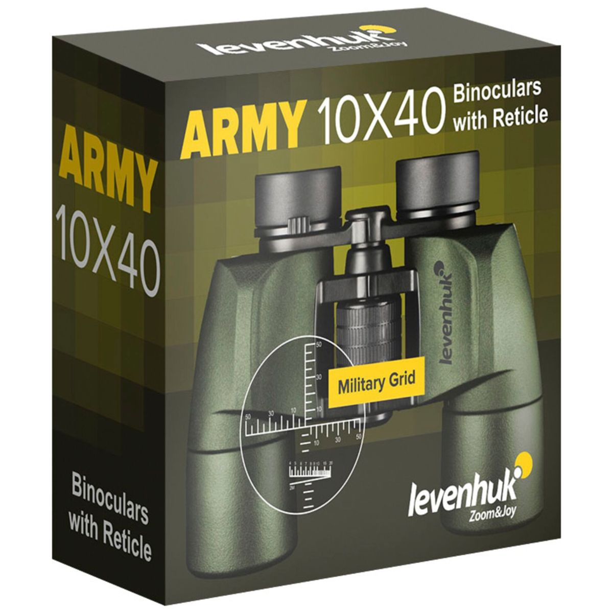 Grüne Levenhuk Army 10x40 Fernglas mit Absehen und Militär-Raster auf Karton.