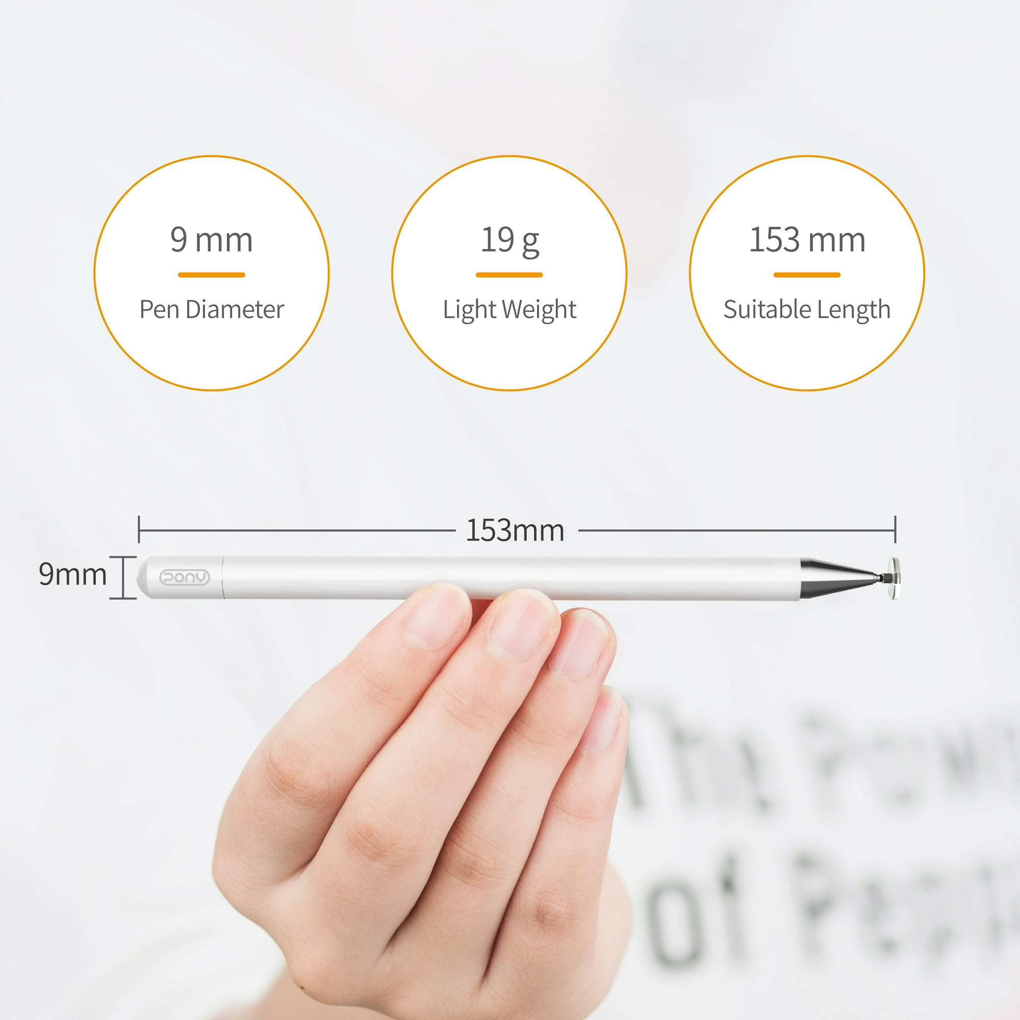Eine Hand hält einen weißen Stift mit Maßen: 9mm Durchmesser, 19g Gewicht, 153mm Länge.