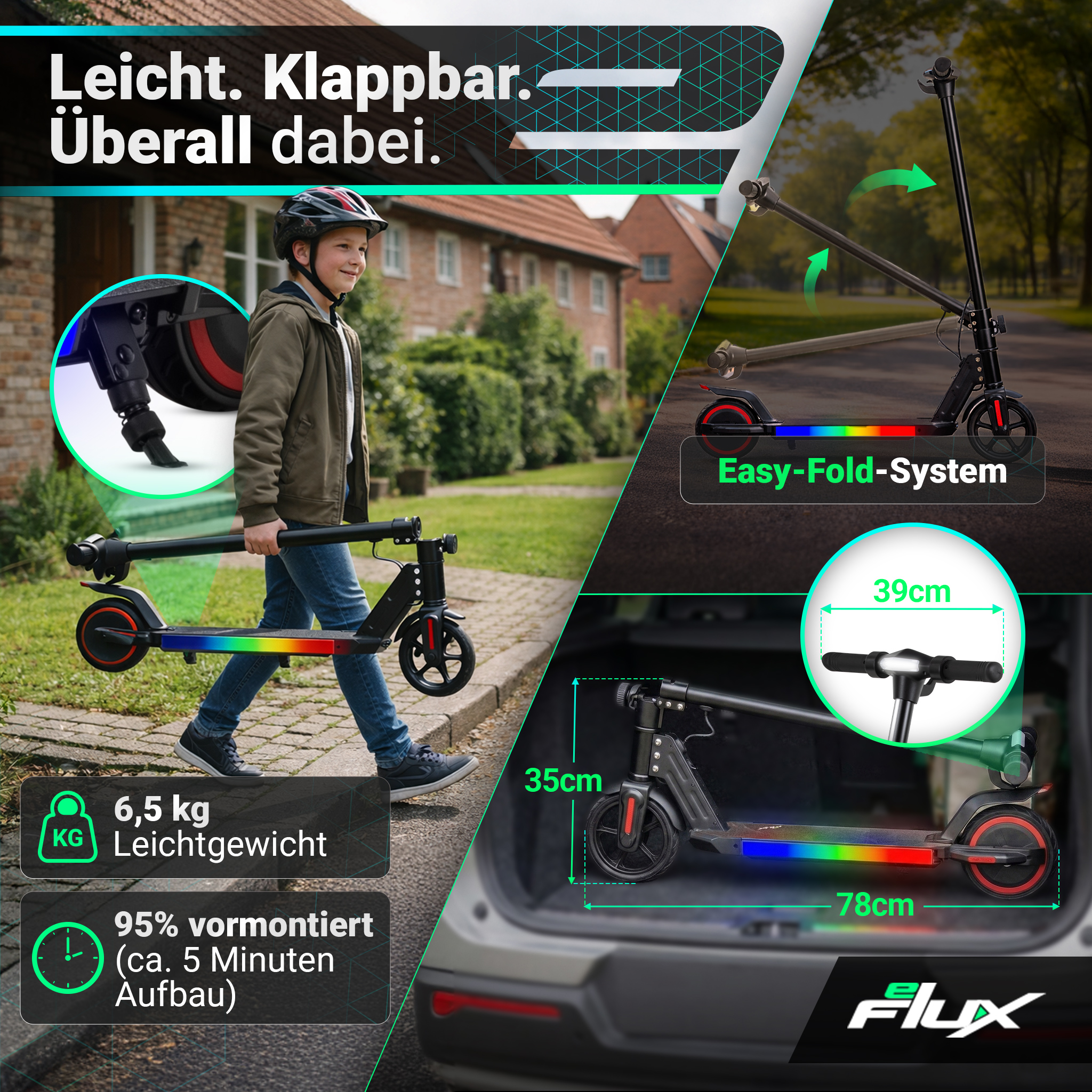 Leichter, klappbarer E-Scooter mit Regenbogenlicht, 6,5 kg, 95% vormontiert.