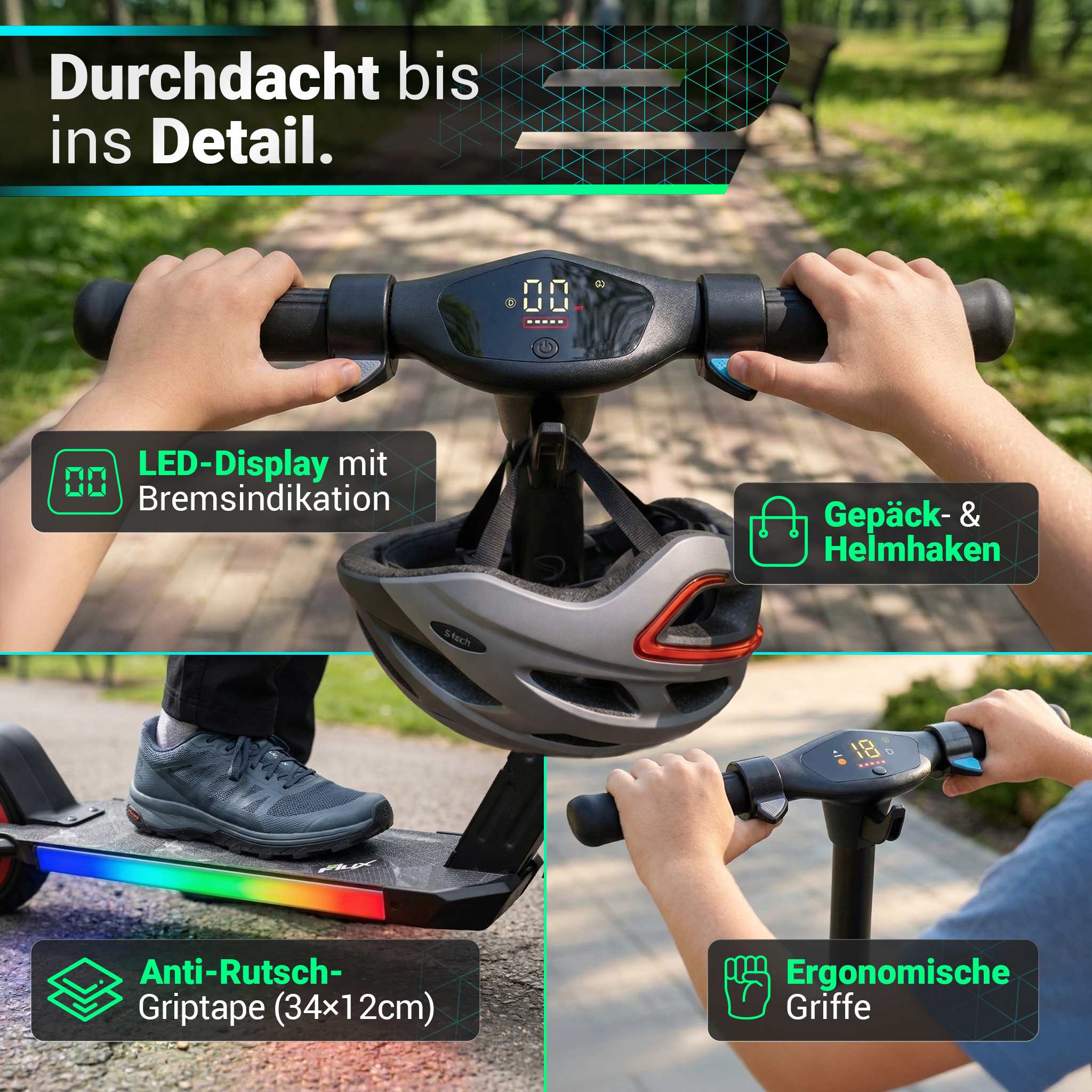 Detailansicht eines Elektrorollers mit Händen am Lenker, Helm und Griptape.