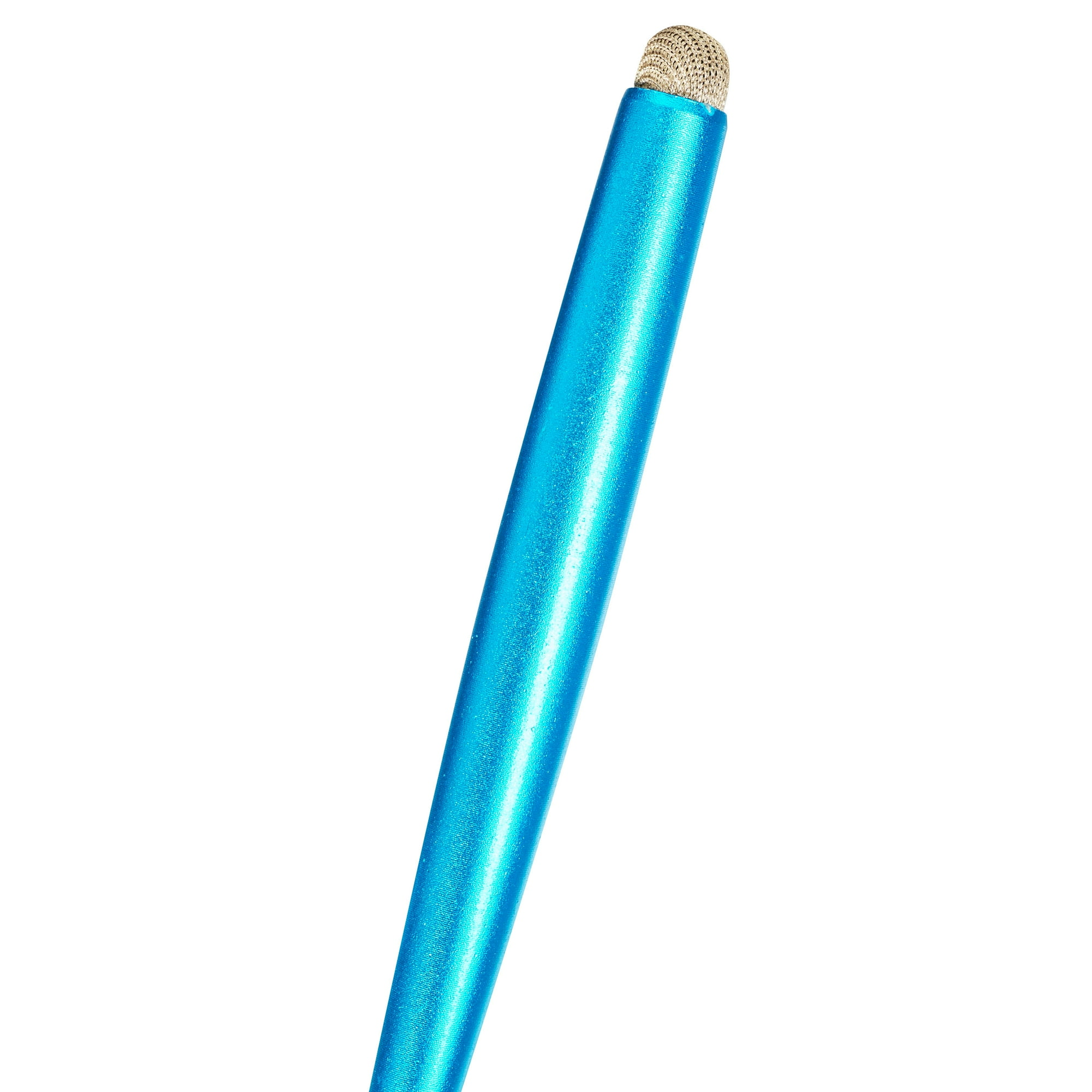 Ein blauer Touchscreen-Stift mit einem geflochtenen Kopf auf weißem Hintergrund.
