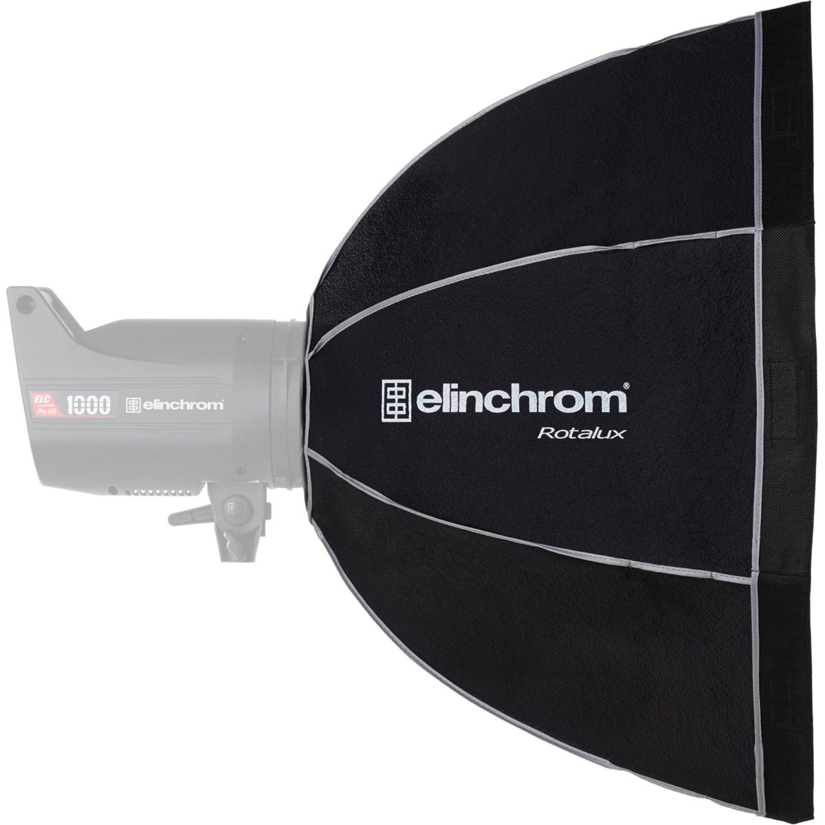 Ein grauer Elinchrom Blitzkopf mit einer schwarzen Softbox.
