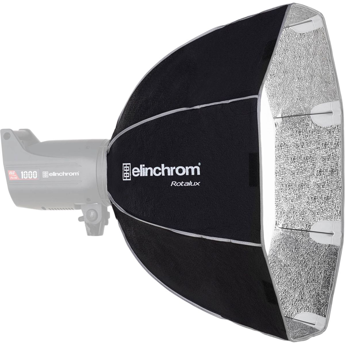 Ein graues Elinchrom 1000 Pro HD Licht mit angesetztem schwarzem Rotalux Softbox.
