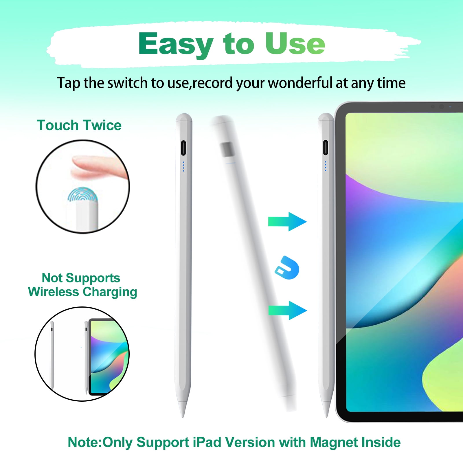 Ein weißer Stift mit einem Tablet, der Berührung und magnetische Befestigung zeigt.