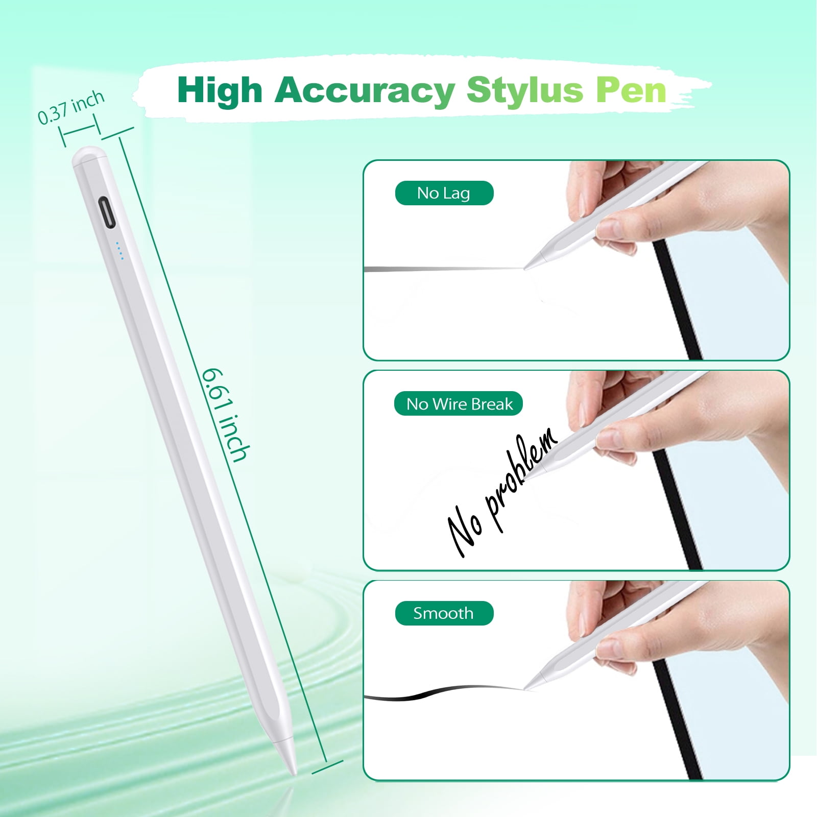 Ein weißer Stylus-Stift (6,61 Zoll lang, 0,37 Zoll breit) mit Ladeanzeige.