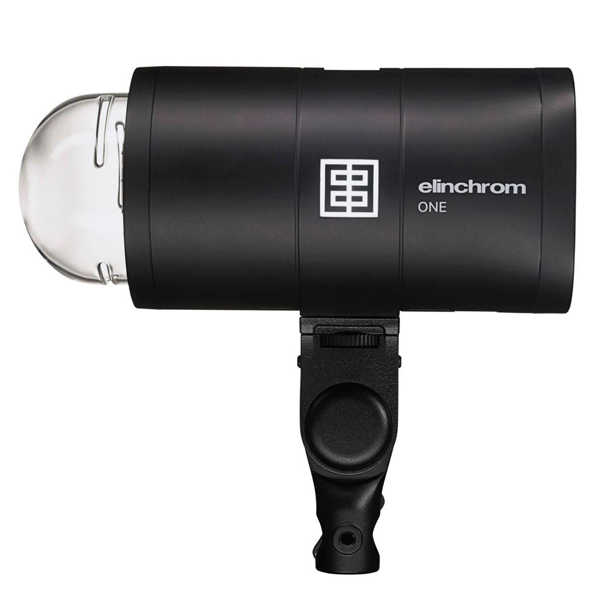 Un cabezal de flash Elinchrom ONE negro con cúpula de cristal y montura.