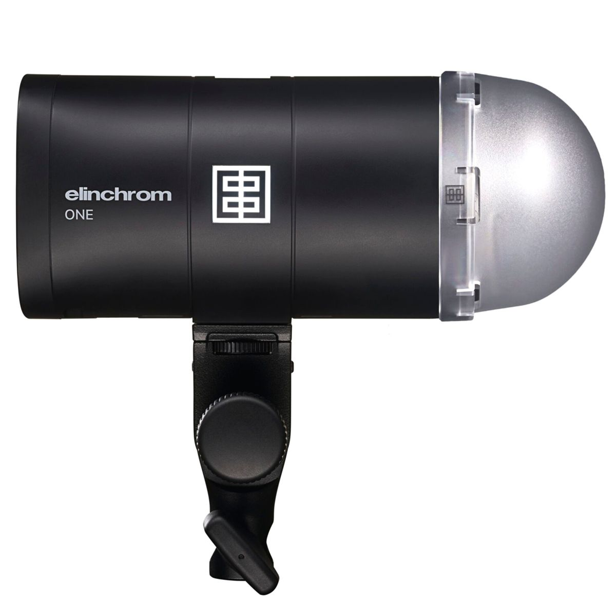 Cabezal de flash Elinchrom negro con tapa y soporte plateados.