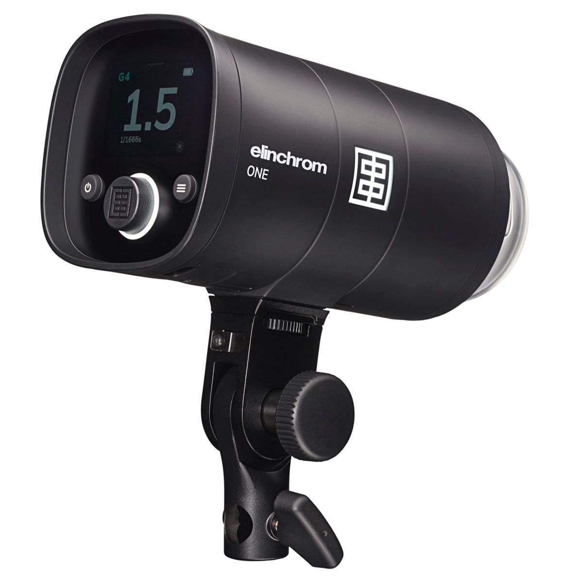 Un cabezal de flash Elinchrom ONE negro con pantalla y controles, montado en un soporte.