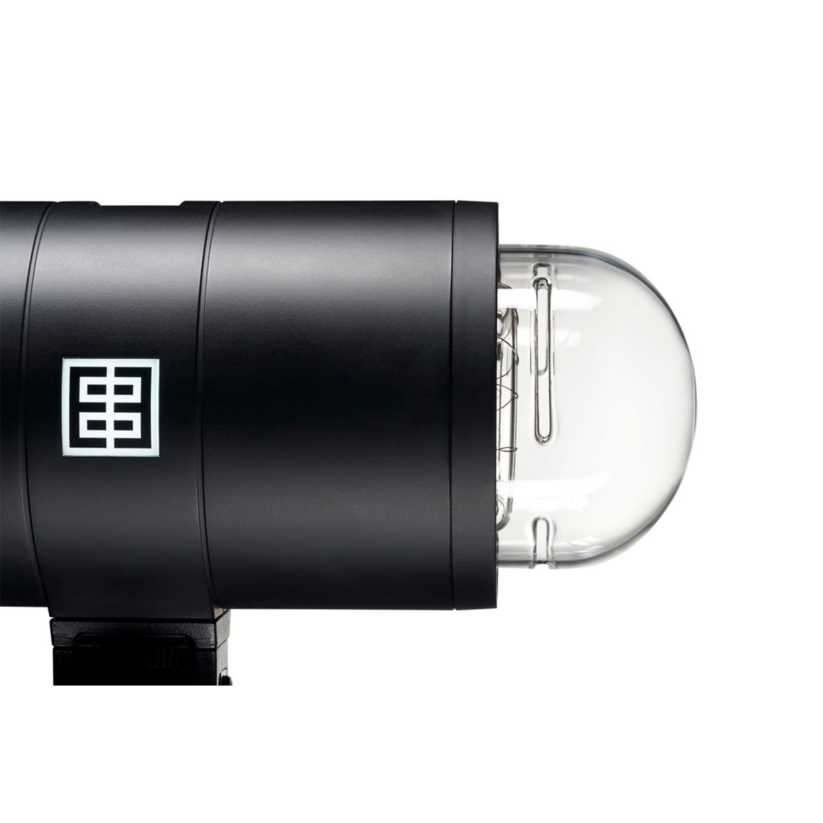 Un flash negro con un símbolo blanco y una bombilla de cristal.