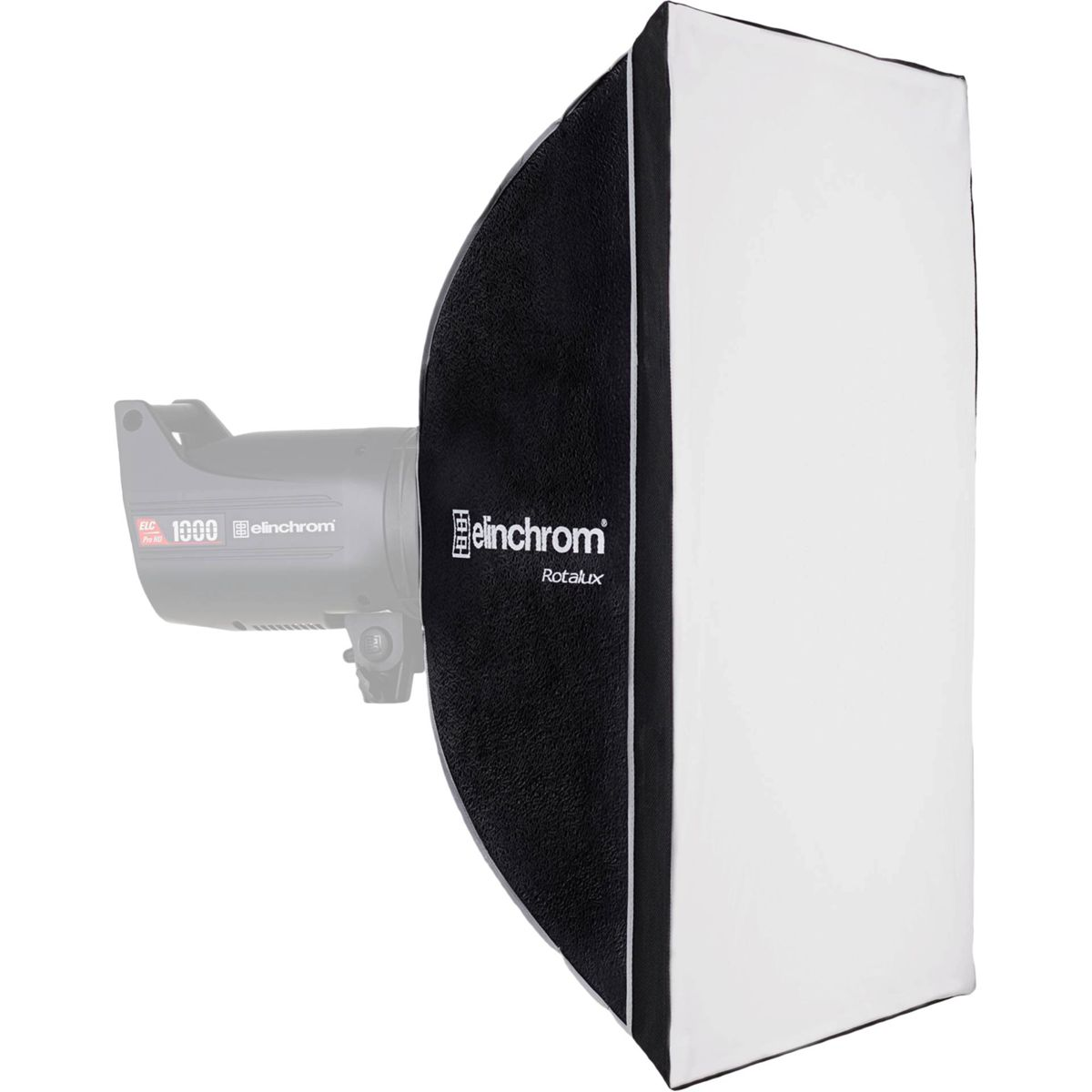 Ein Elinchrom Rotalux Softbox mit einem Blitzkopf auf weißem Hintergrund.