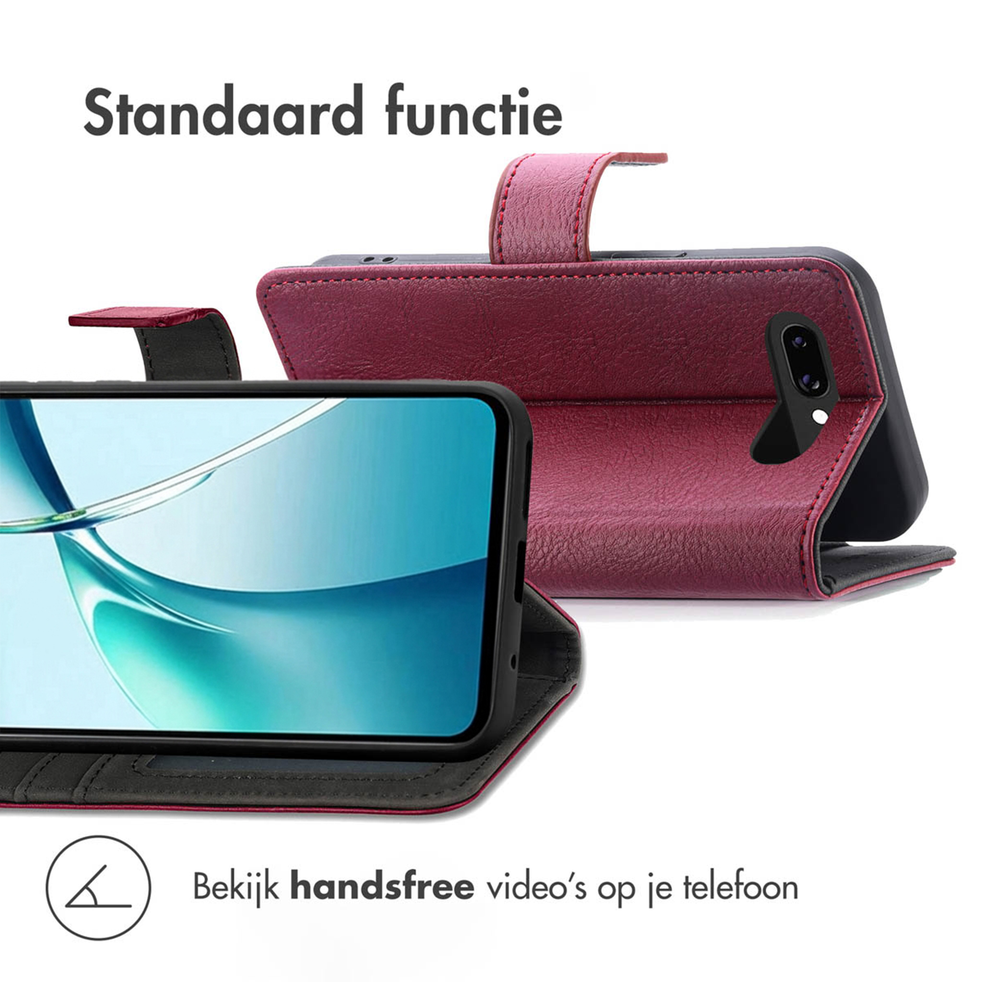 Een bordeauxrode telefoonhoes geopend, met een smartphone erin.