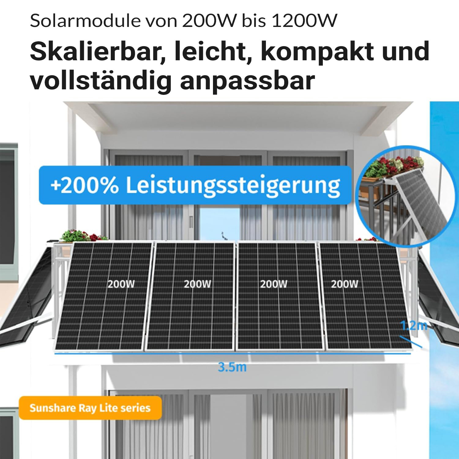 Mehrere 200W Solarmodule auf einem Balkongeländer. Beschriftung: 3.5m, 1.2m.